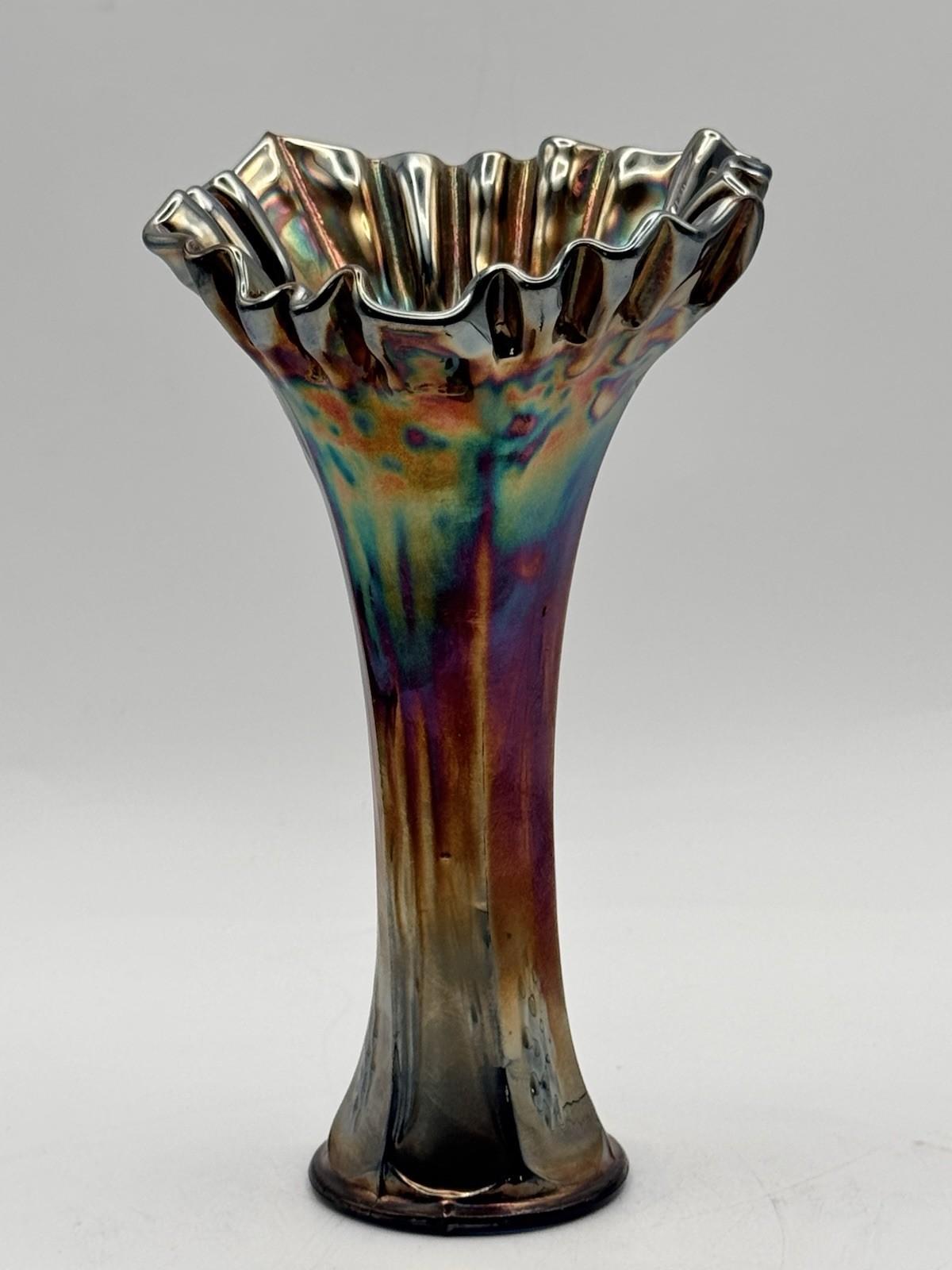 Vintage Carnival Glass Vase Iridescent Ruffled Rim Blue Interior 8”