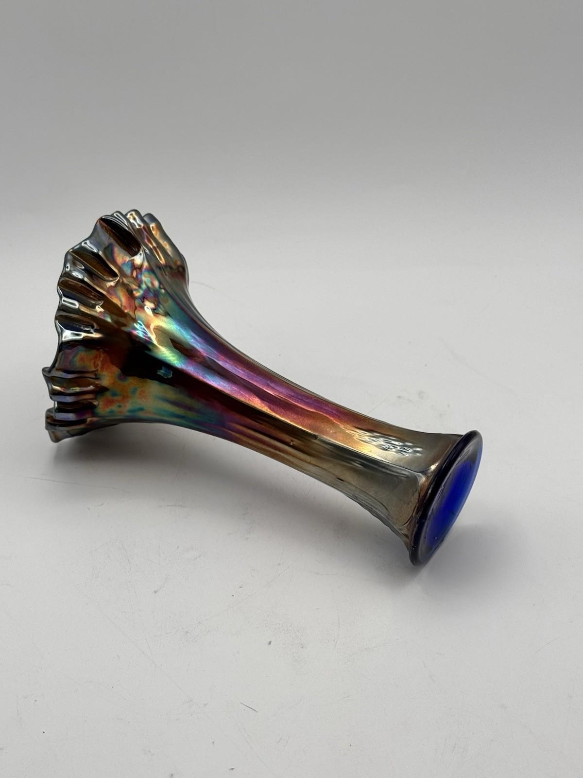 Vintage Carnival Glass Vase Iridescent Ruffled Rim Blue Interior 8”