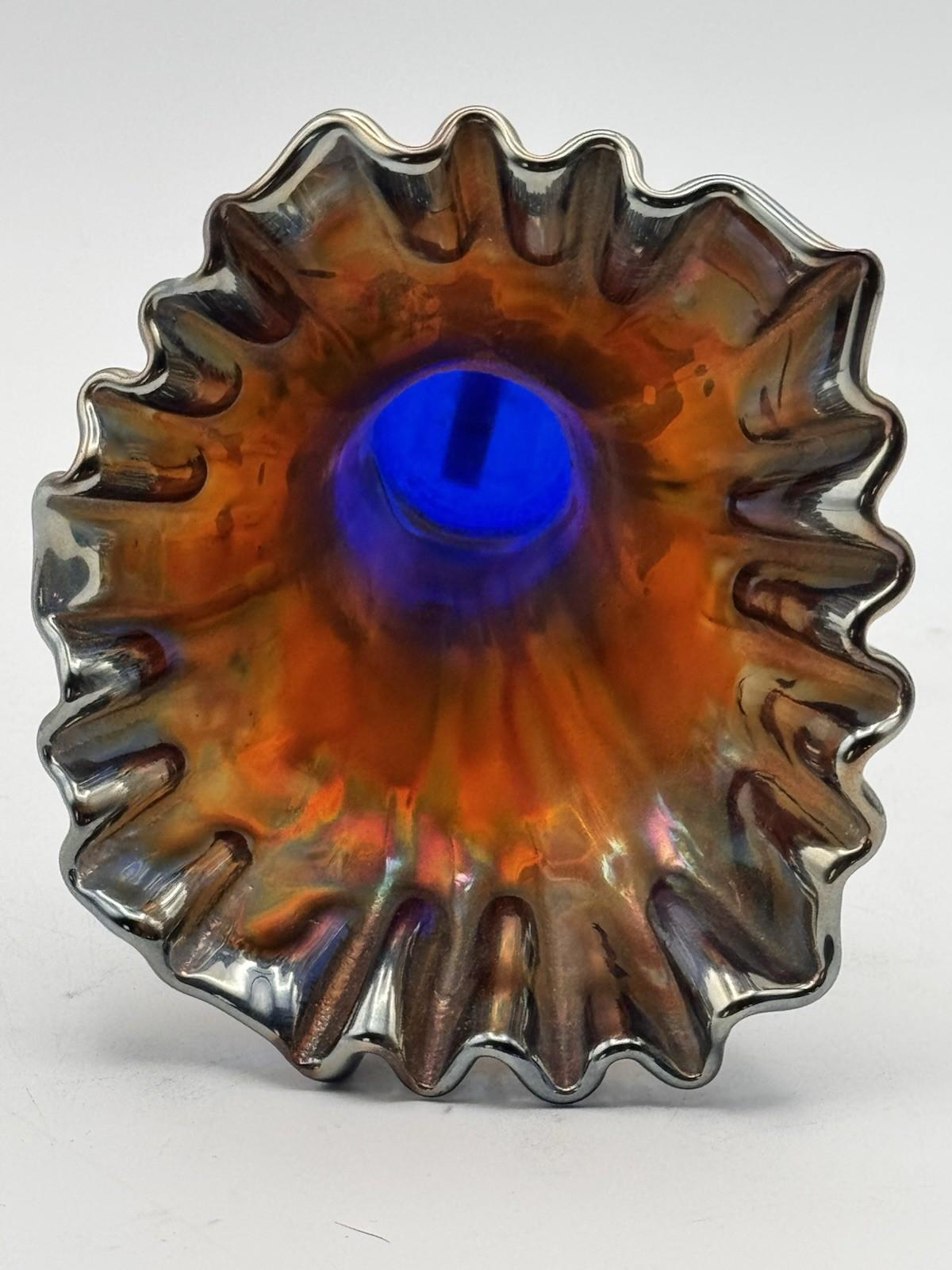 Vintage Carnival Glass Vase Iridescent Ruffled Rim Blue Interior 8”