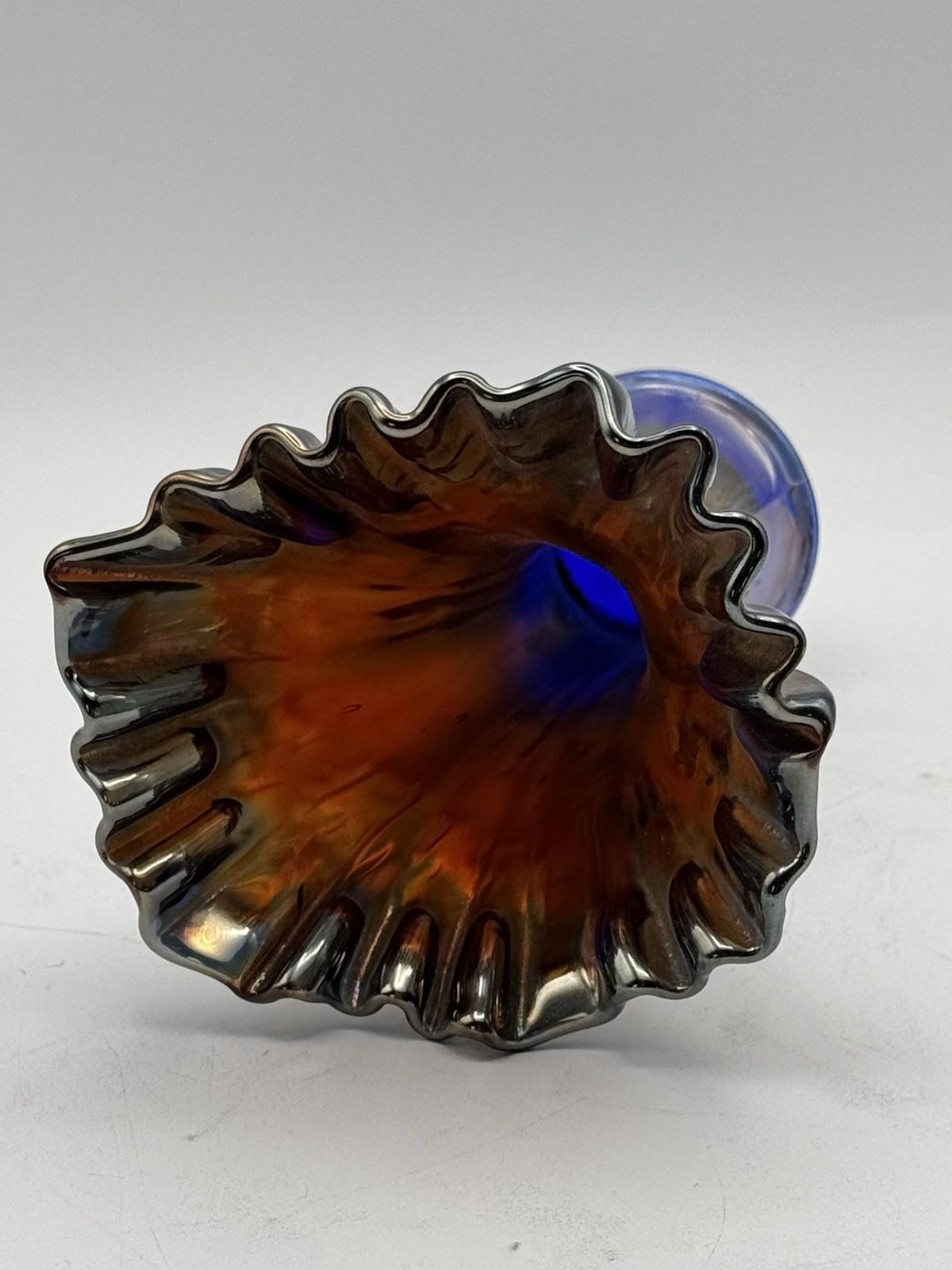 Vintage Carnival Glass Vase Iridescent Ruffled Rim Blue Interior 8”
