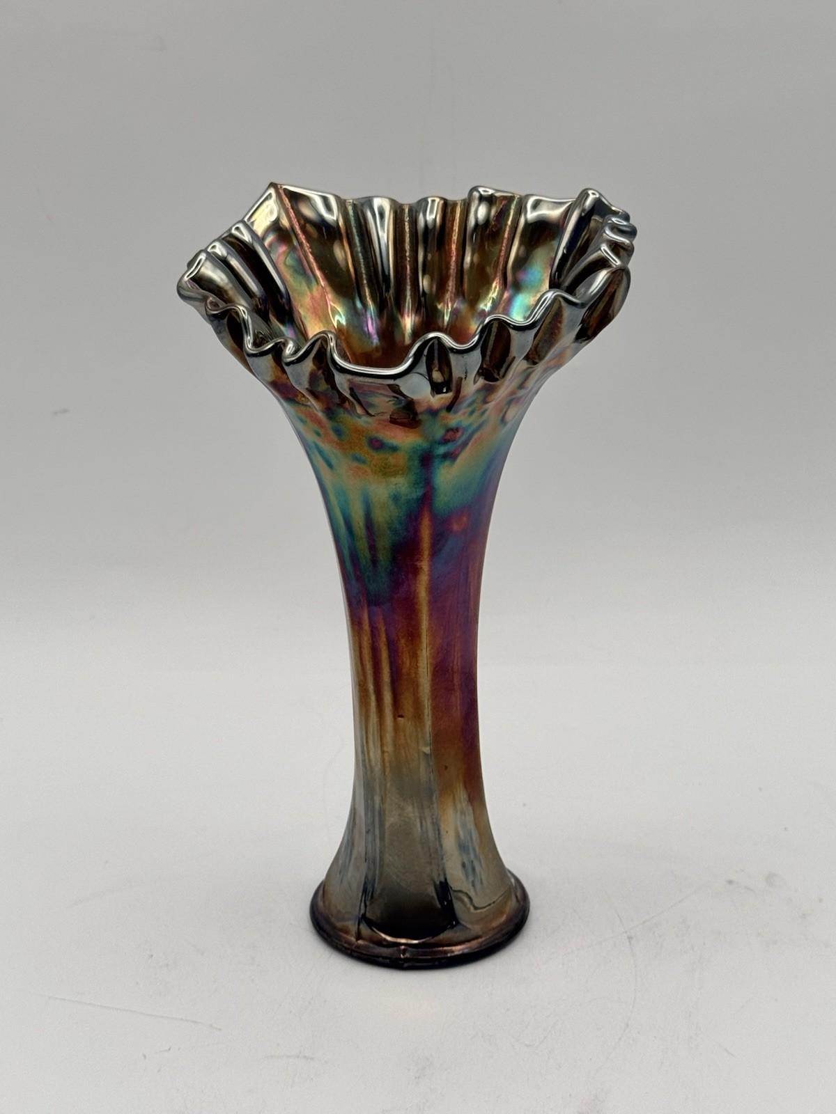 Vintage Carnival Glass Vase Iridescent Ruffled Rim Blue Interior 8”
