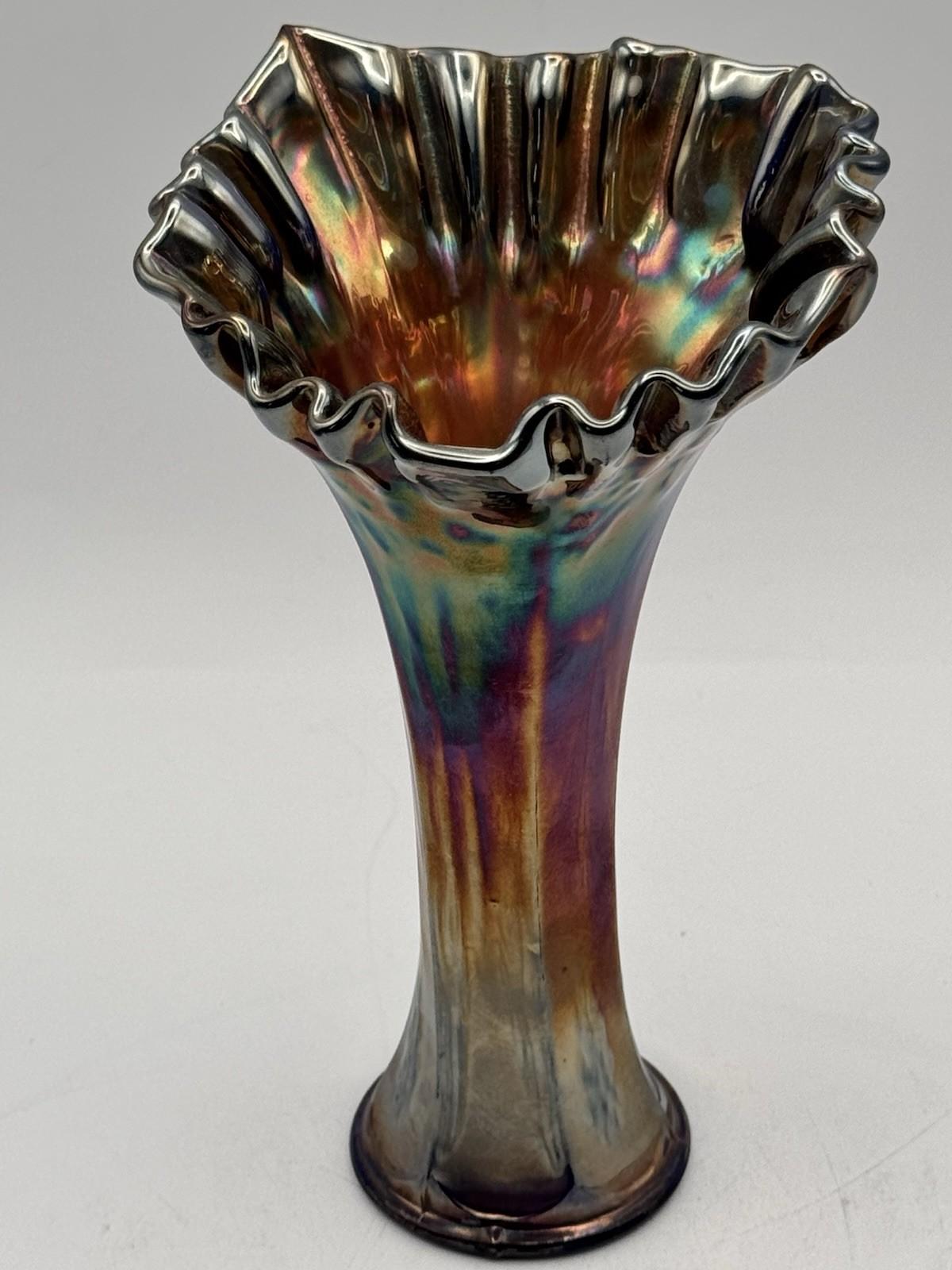 Vintage Carnival Glass Vase Iridescent Ruffled Rim Blue Interior 8”