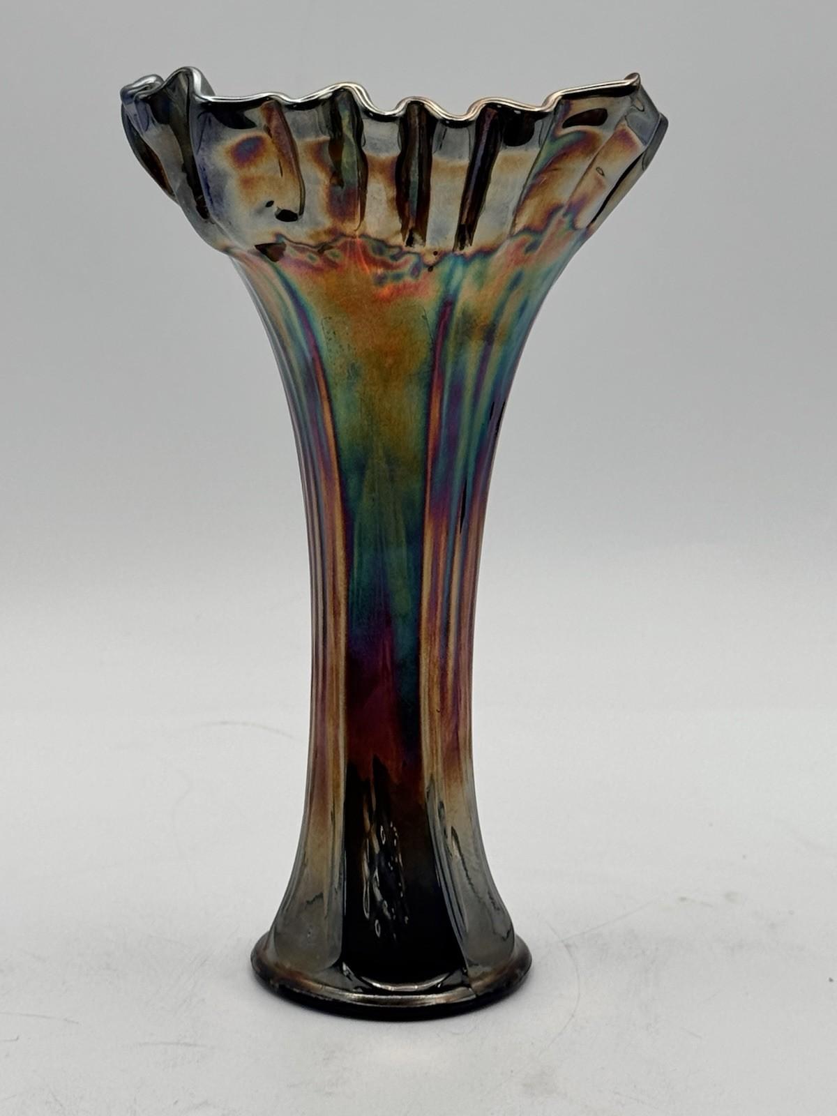 Vintage Carnival Glass Vase Iridescent Ruffled Rim Blue Interior 8”