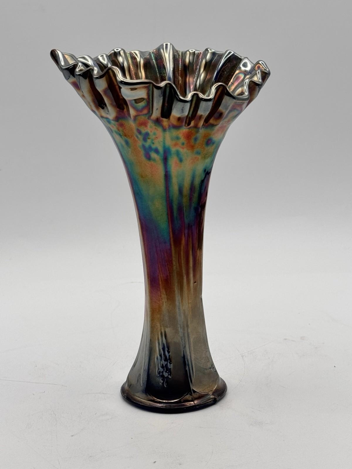 Vintage Carnival Glass Vase Iridescent Ruffled Rim Blue Interior 8”