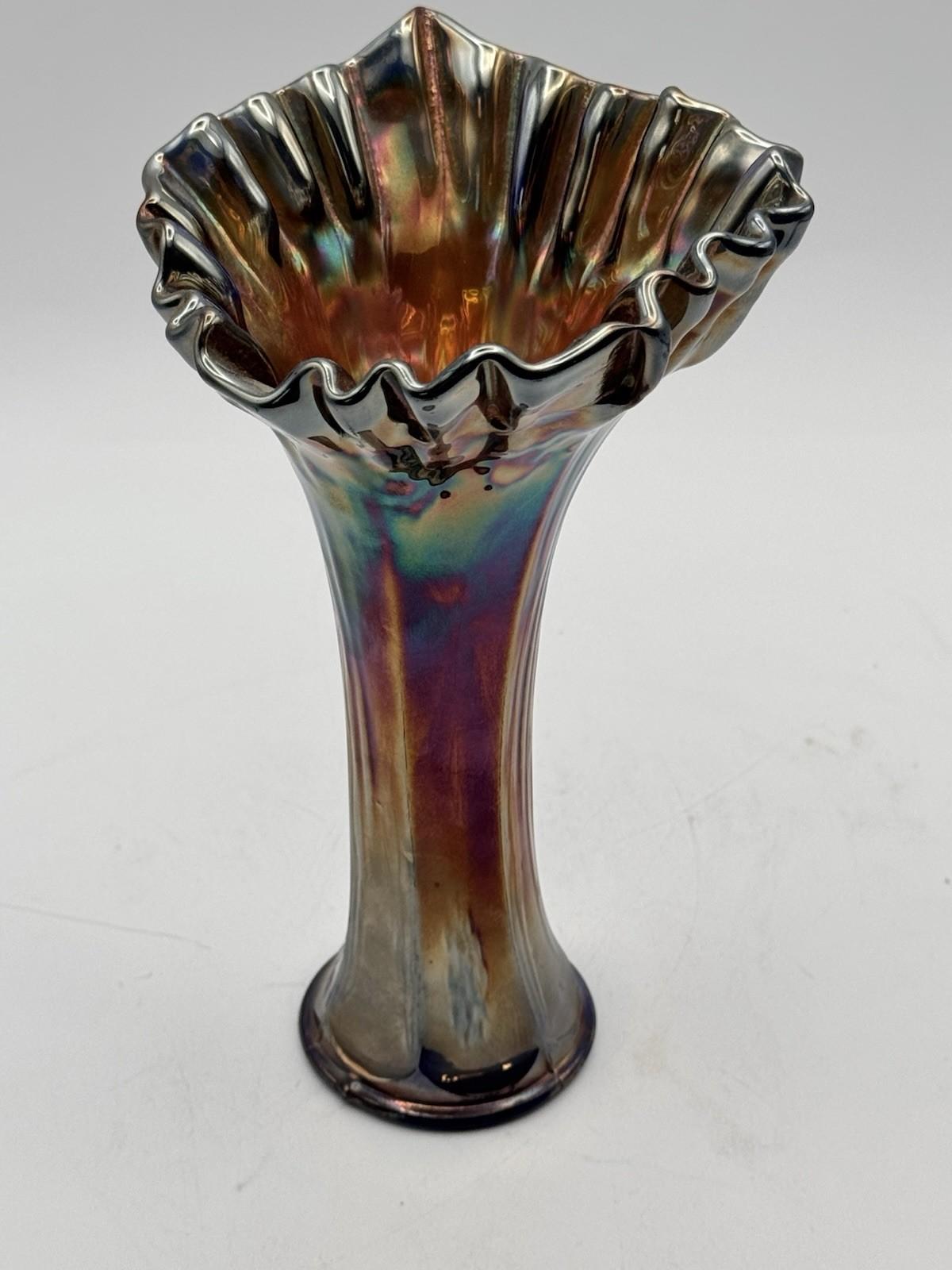 Vintage Carnival Glass Vase Iridescent Ruffled Rim Blue Interior 8”