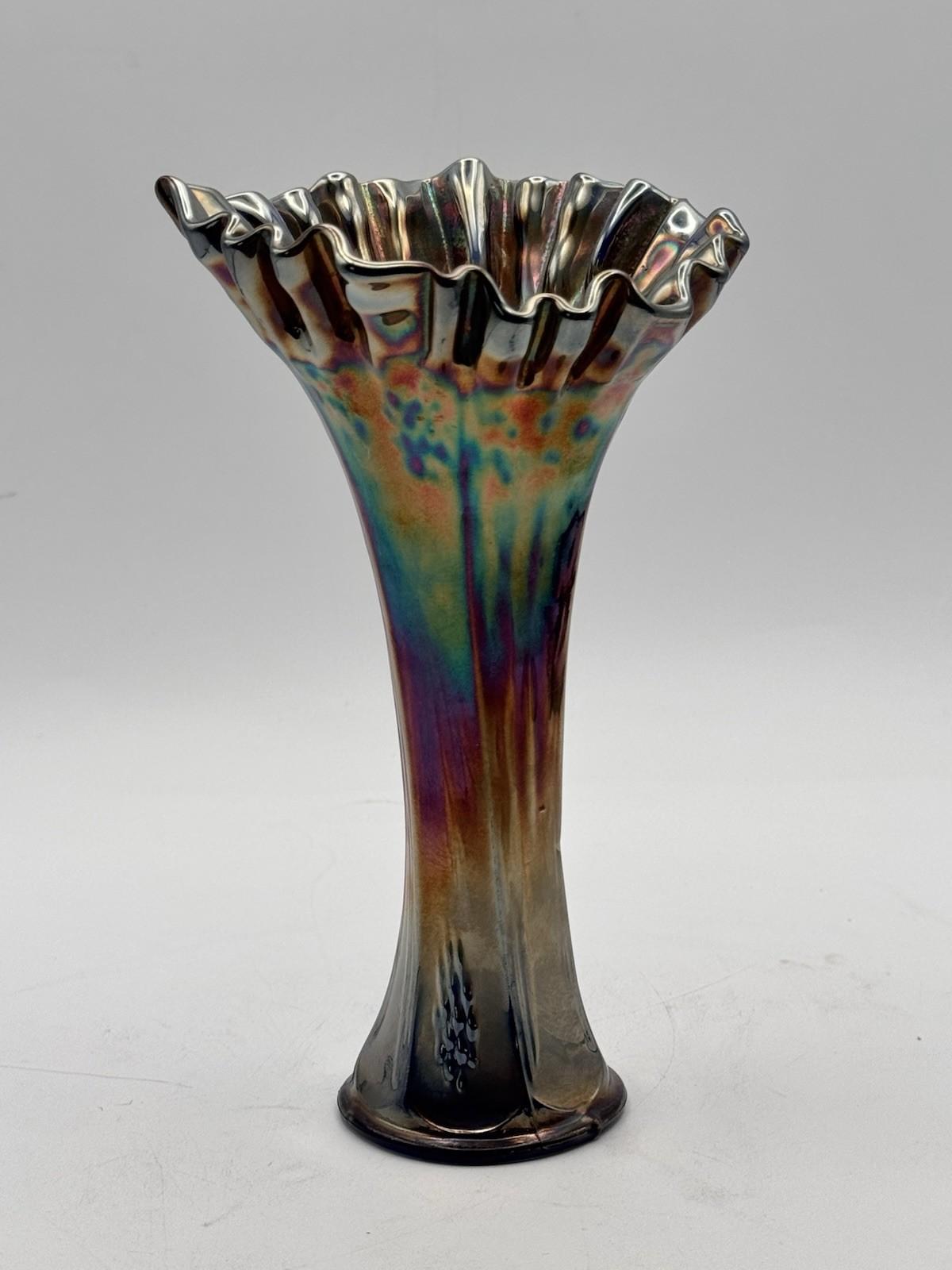 Vintage Carnival Glass Vase Iridescent Ruffled Rim Blue Interior 8”