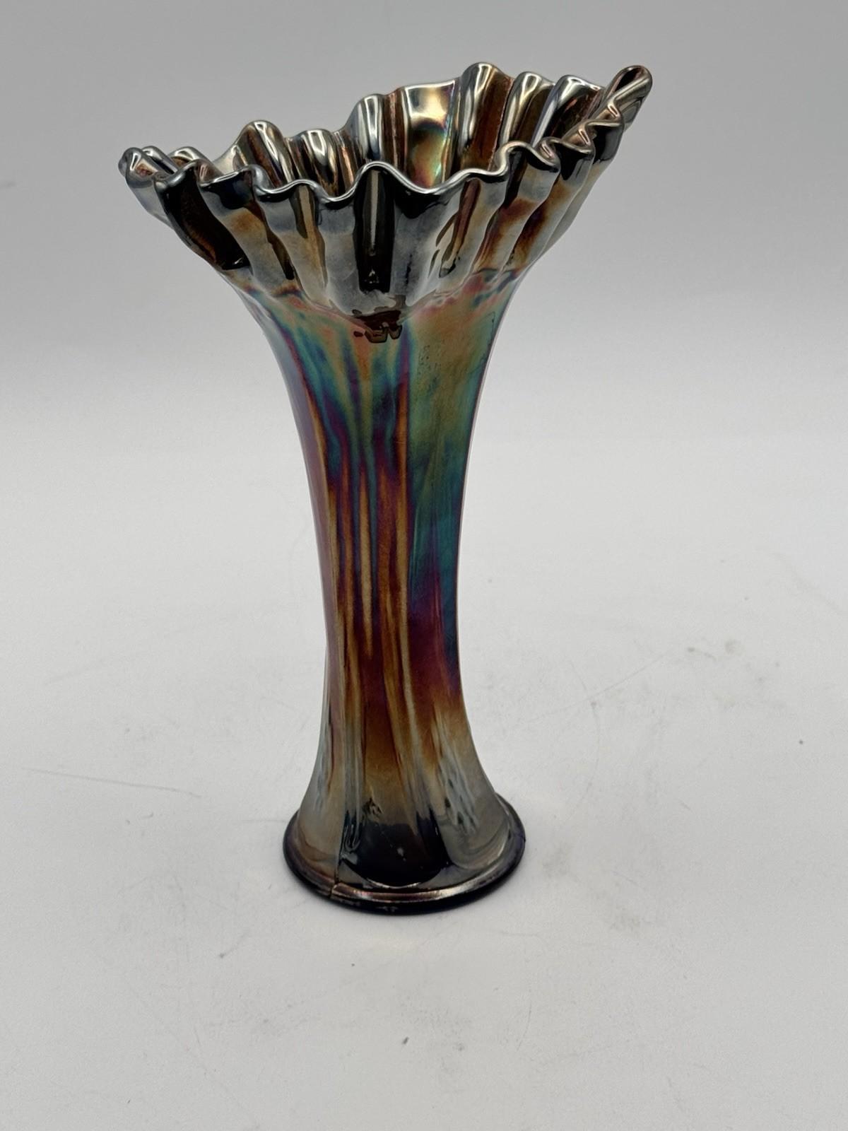 Vintage Carnival Glass Vase Iridescent Ruffled Rim Blue Interior 8”