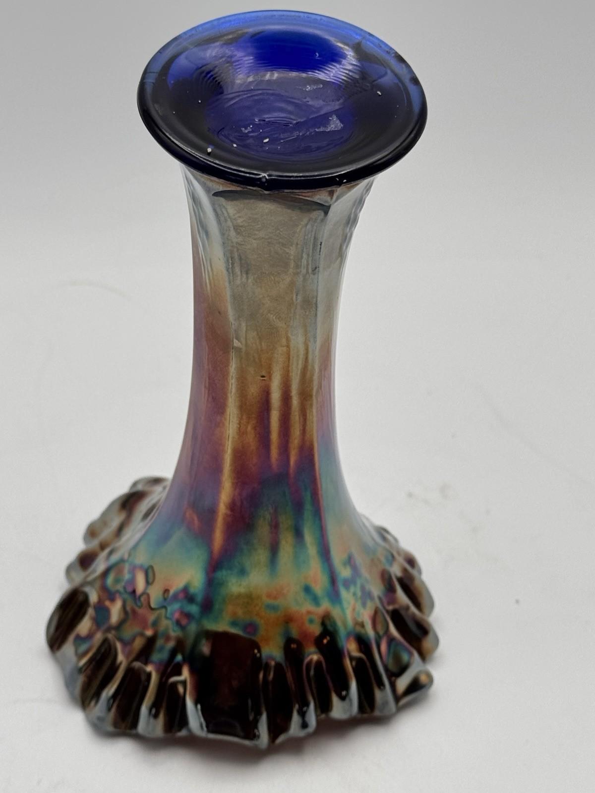 Vintage Carnival Glass Vase Iridescent Ruffled Rim Blue Interior 8”