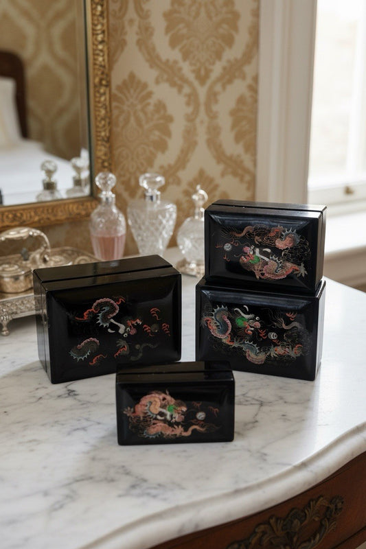 Vintage Asian Lacquerware Box Set Hand Painted Dragon Motif Black Nest of 4