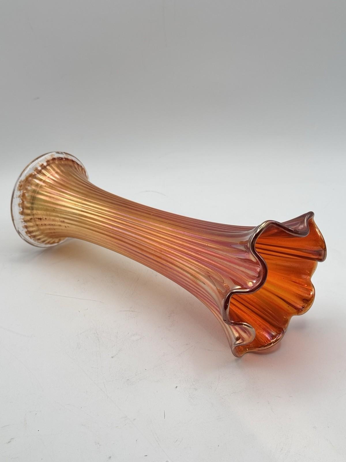 Vintage Carnival Glass Marigold Vase Ruffled Rim Ribbed Trumpet Form 10”