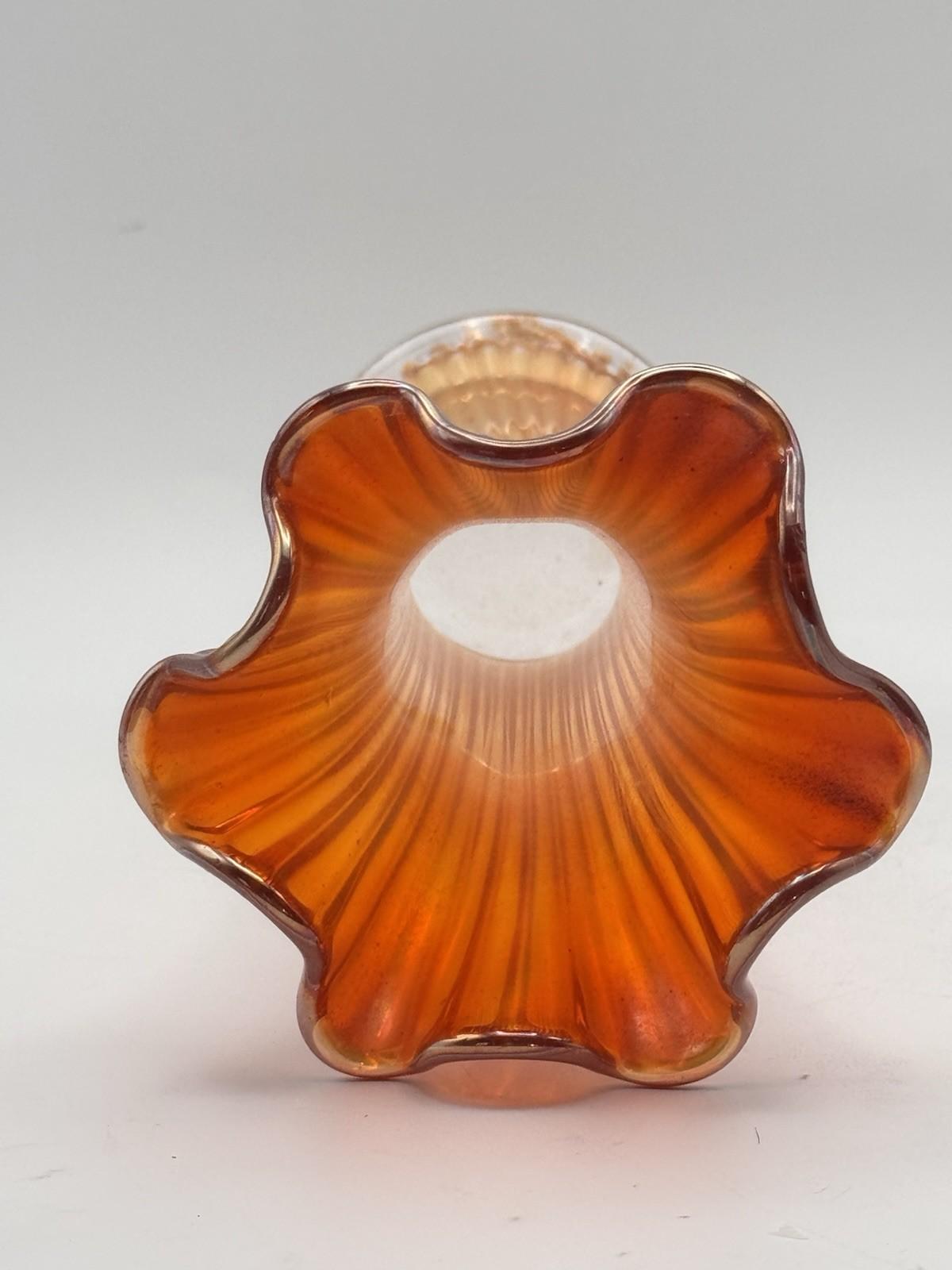 Vintage Carnival Glass Marigold Vase Ruffled Rim Ribbed Trumpet Form 10”