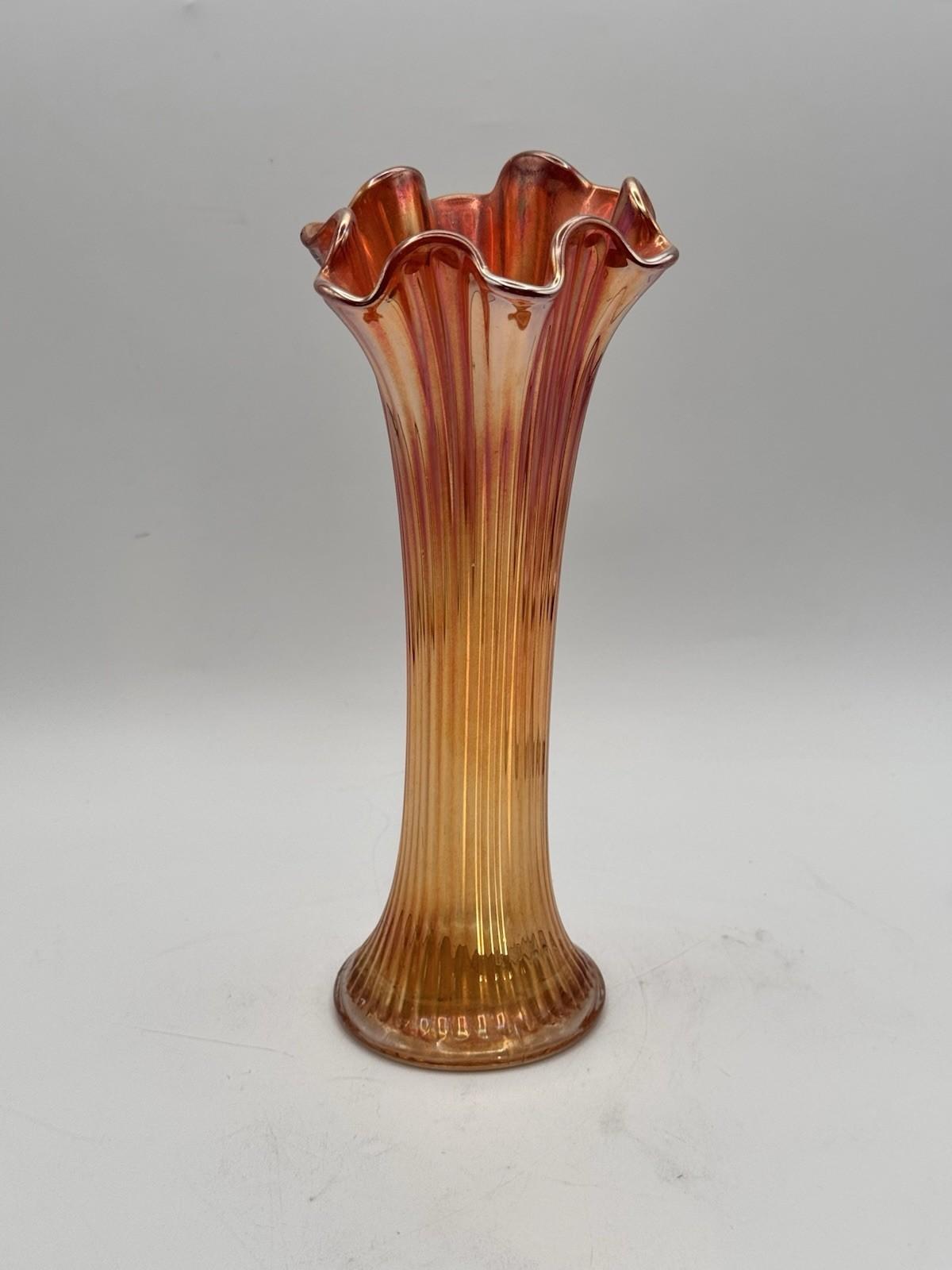 Vintage Carnival Glass Marigold Vase Ruffled Rim Ribbed Trumpet Form 10”