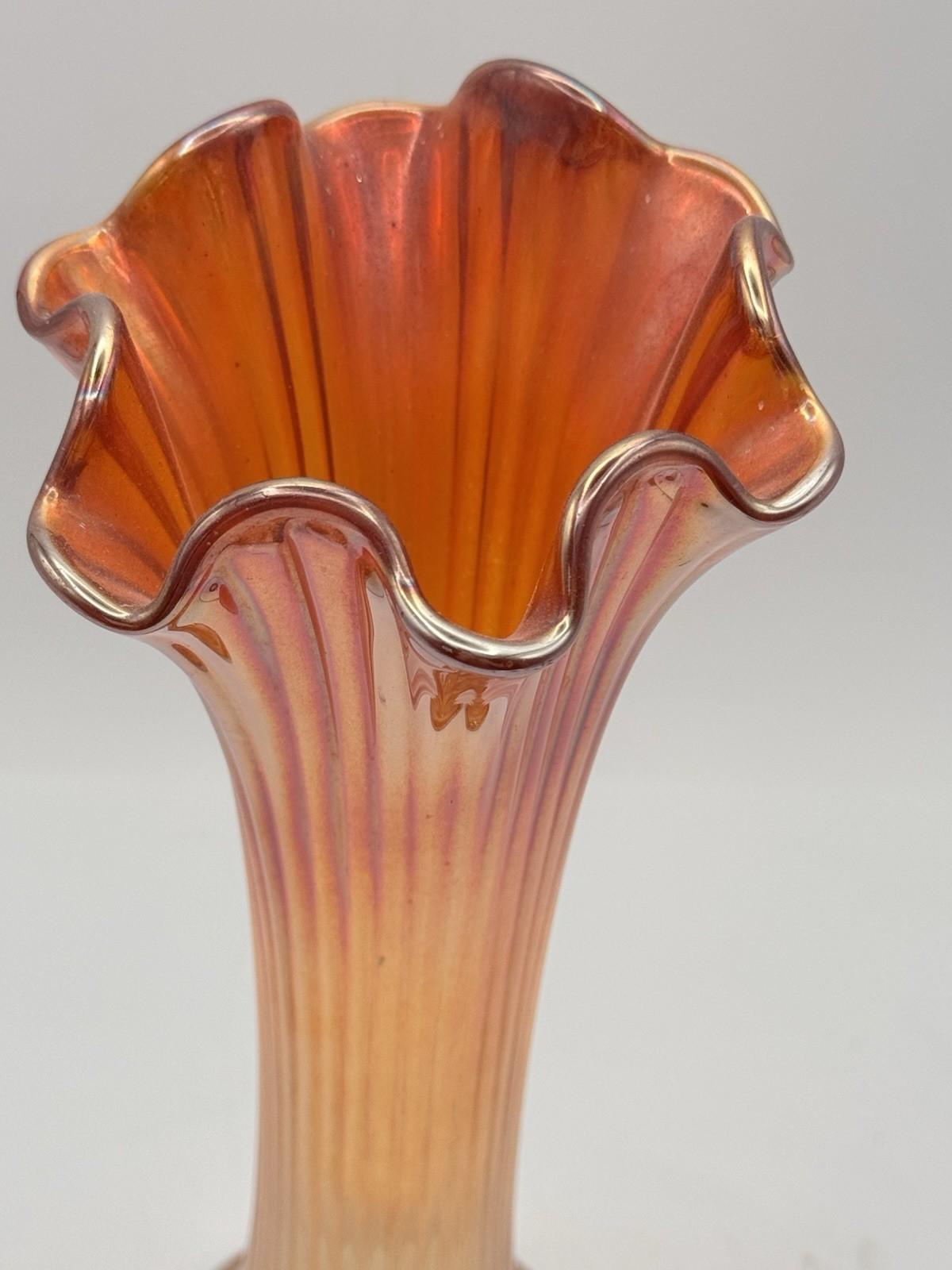 Vintage Carnival Glass Marigold Vase Ruffled Rim Ribbed Trumpet Form 10”