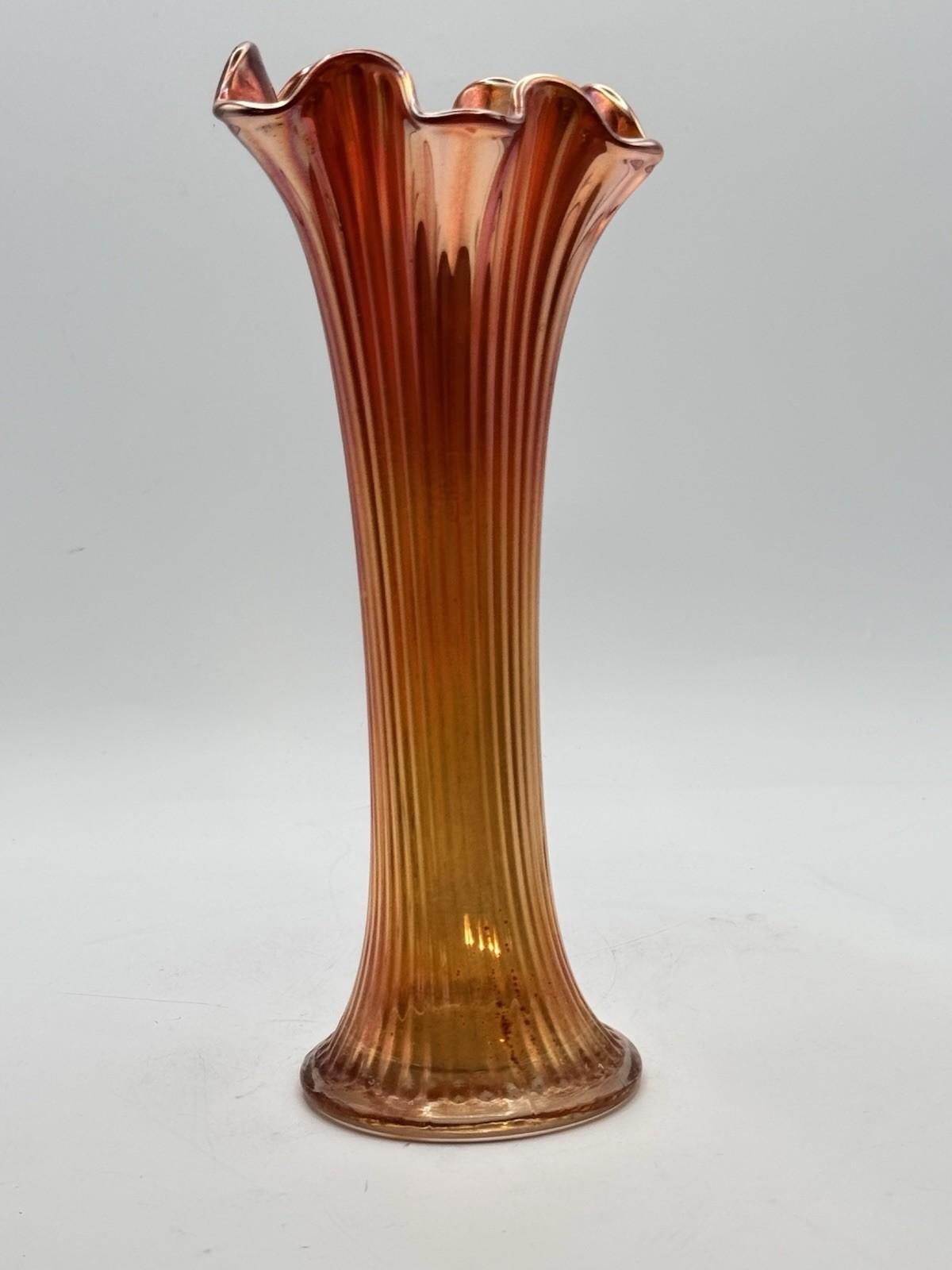 Vintage Carnival Glass Marigold Vase Ruffled Rim Ribbed Trumpet Form 10”
