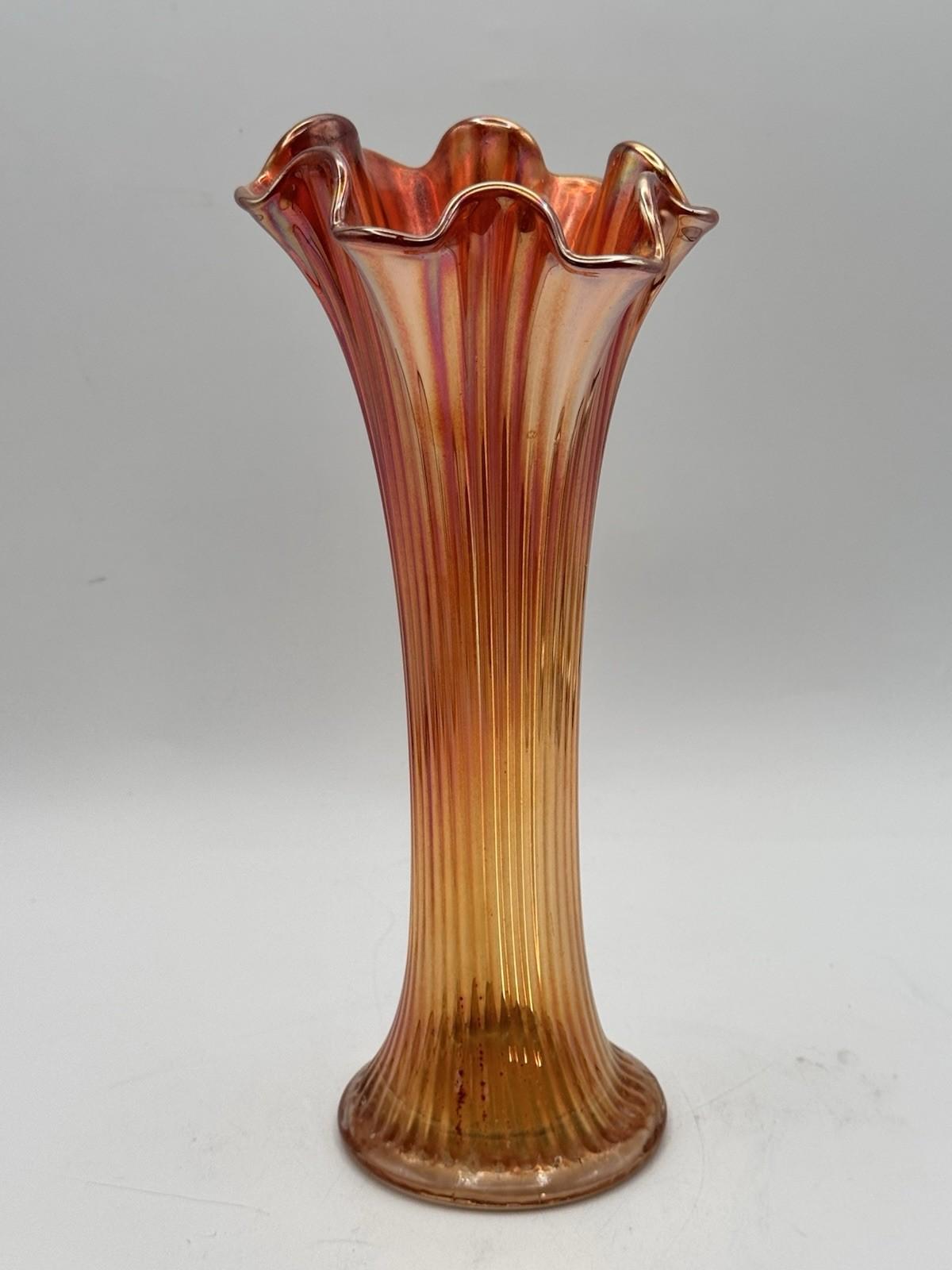 Vintage Carnival Glass Marigold Vase Ruffled Rim Ribbed Trumpet Form 10”