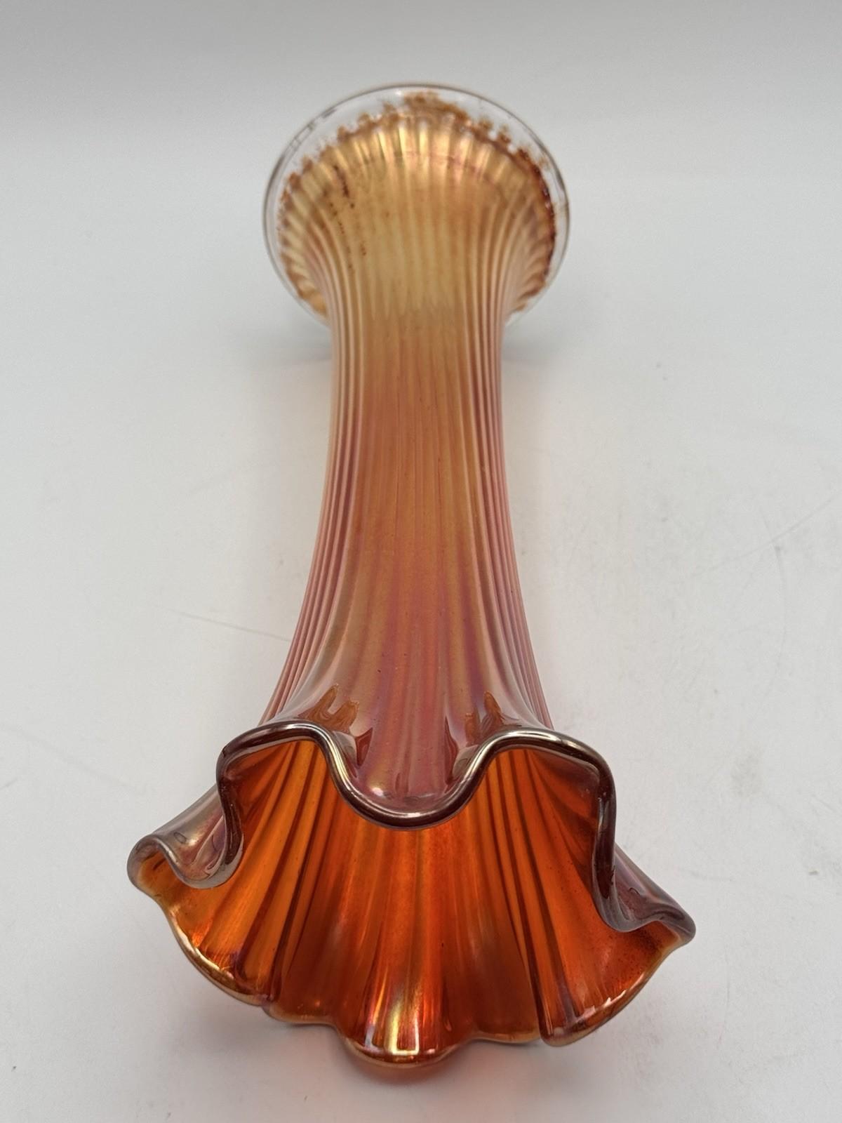 Vintage Carnival Glass Marigold Vase Ruffled Rim Ribbed Trumpet Form 10”