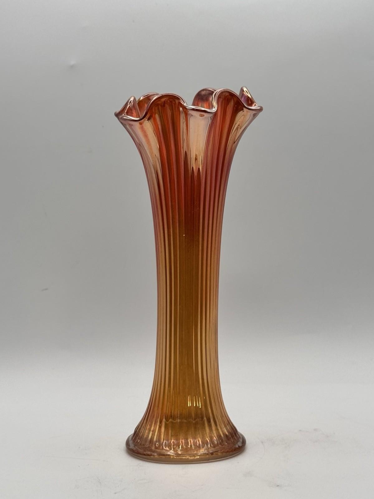 Vintage Carnival Glass Marigold Vase Ruffled Rim Ribbed Trumpet Form 10”
