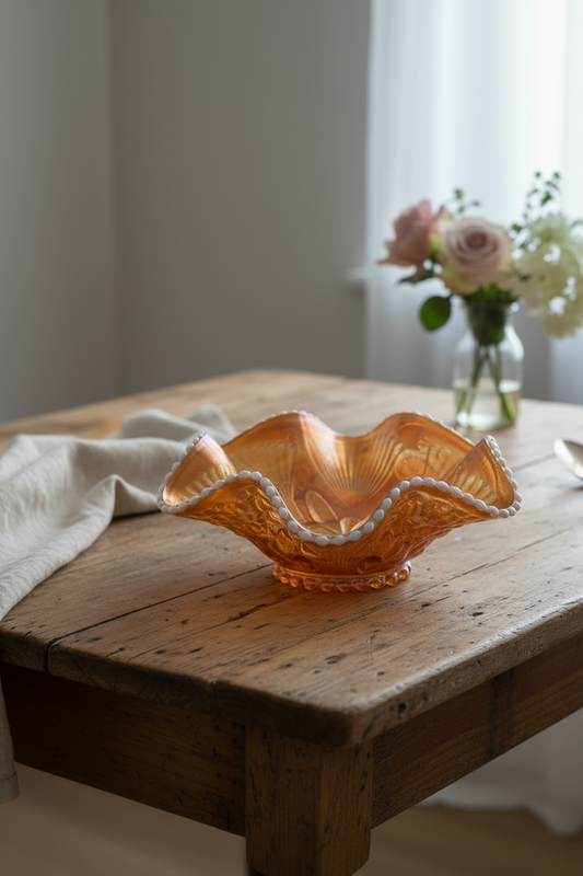 Vintage Carnival Glass Bowl Marigold Opalescent Beaded Rim Starflower Base