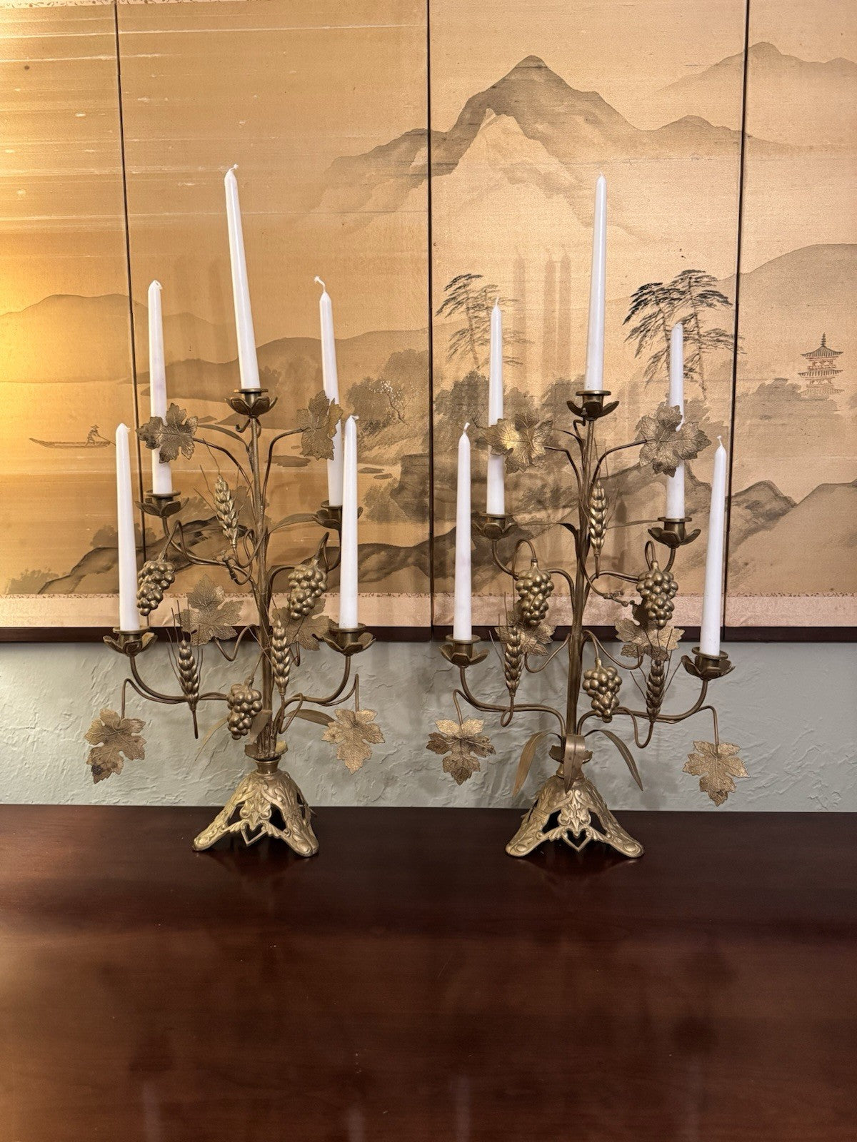 Candelabra Pair French Altar Style Gilt Metal Grape Wheat Five Light 21.25”
