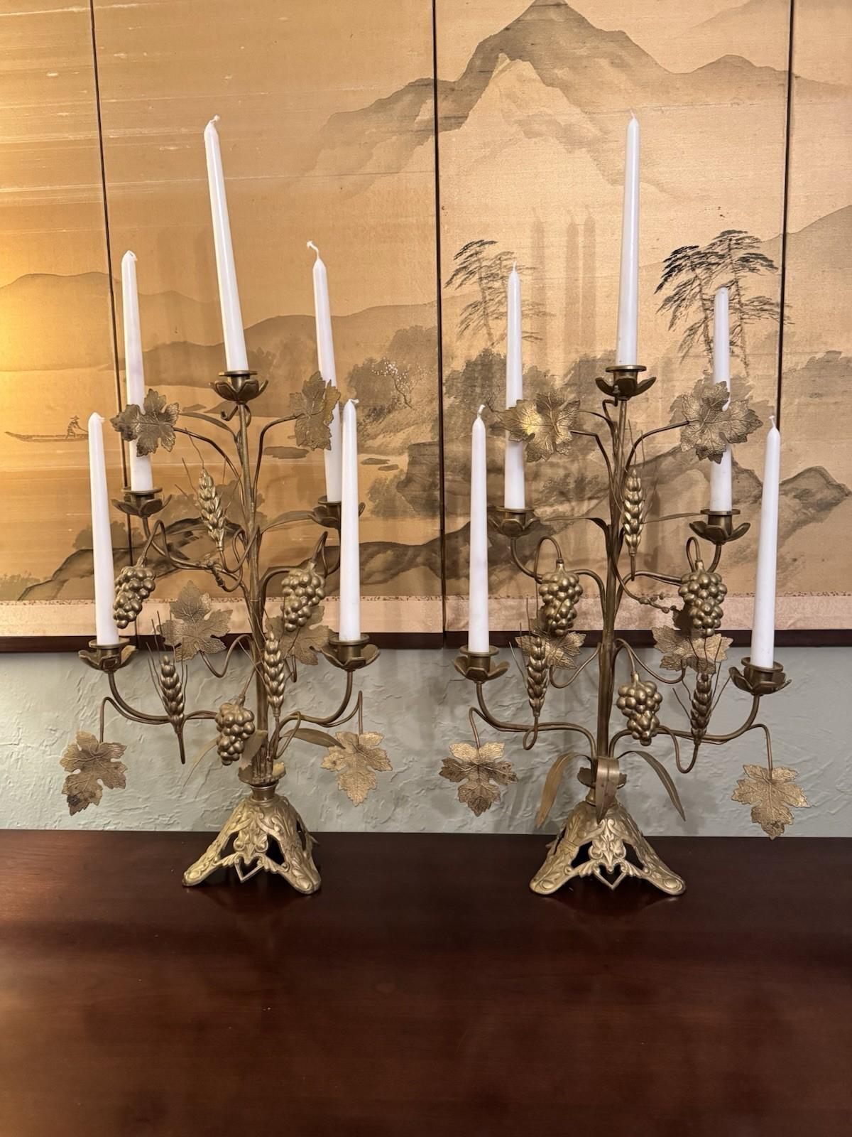 Candelabra Pair French Altar Style Gilt Metal Grape Wheat Five Light 21.25”