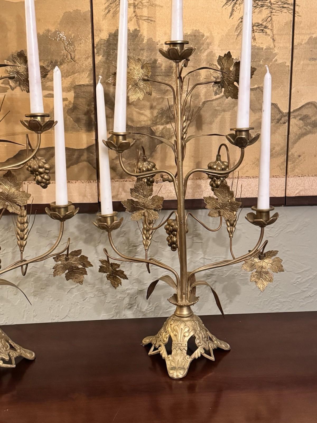 Candelabra Pair French Altar Style Gilt Metal Grape Wheat Five Light 21.25”