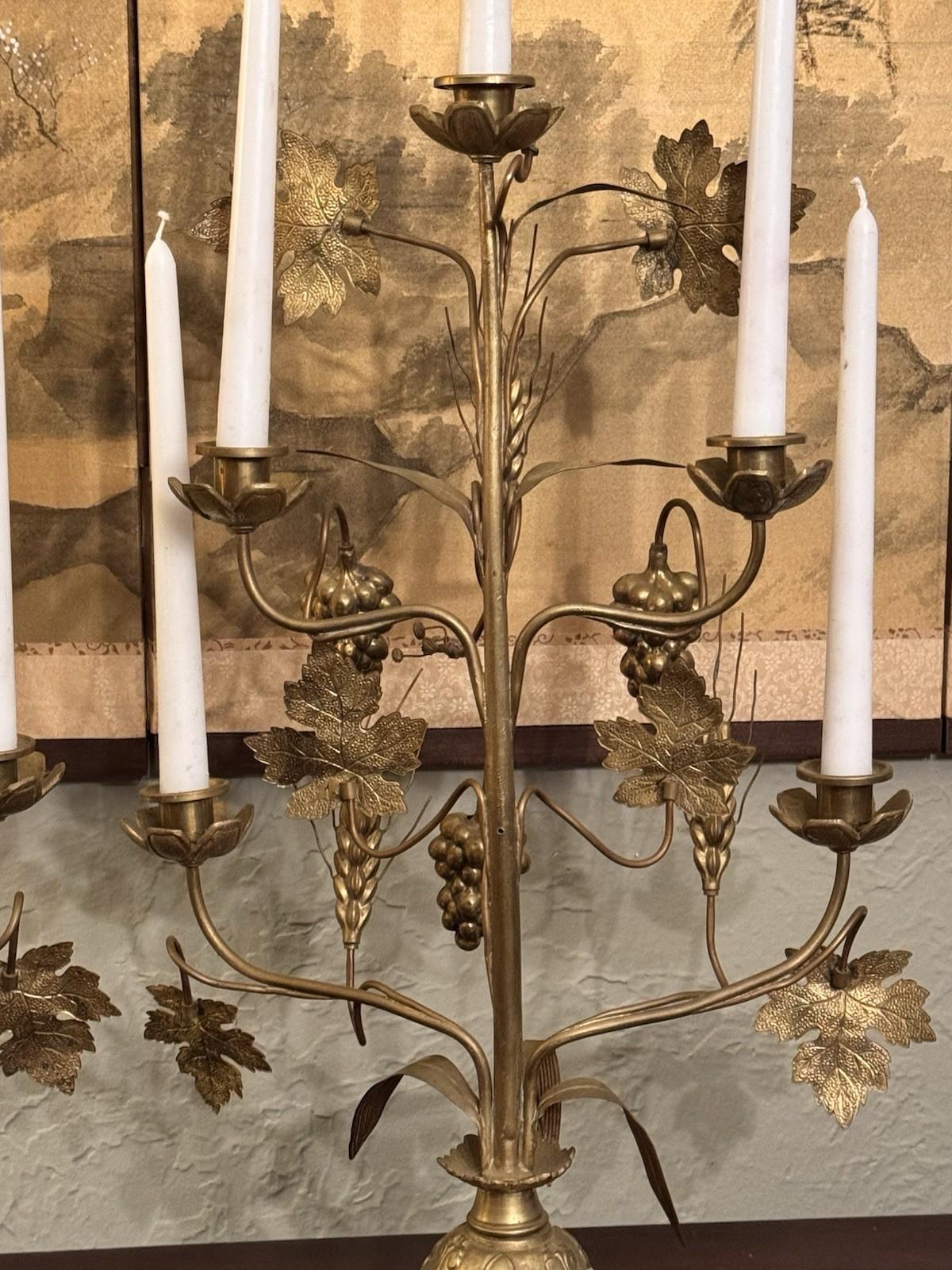 Candelabra Pair French Altar Style Gilt Metal Grape Wheat Five Light 21.25”