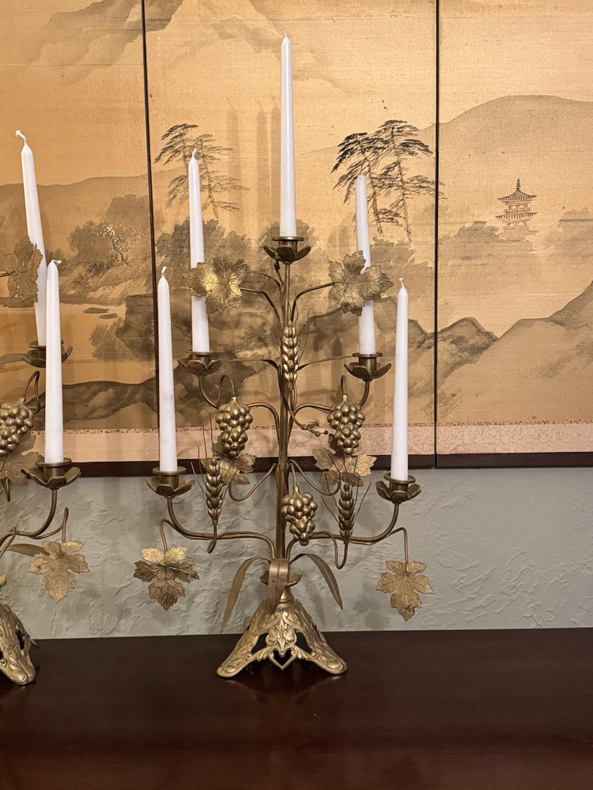 Candelabra Pair French Altar Style Gilt Metal Grape Wheat Five Light 21.25”