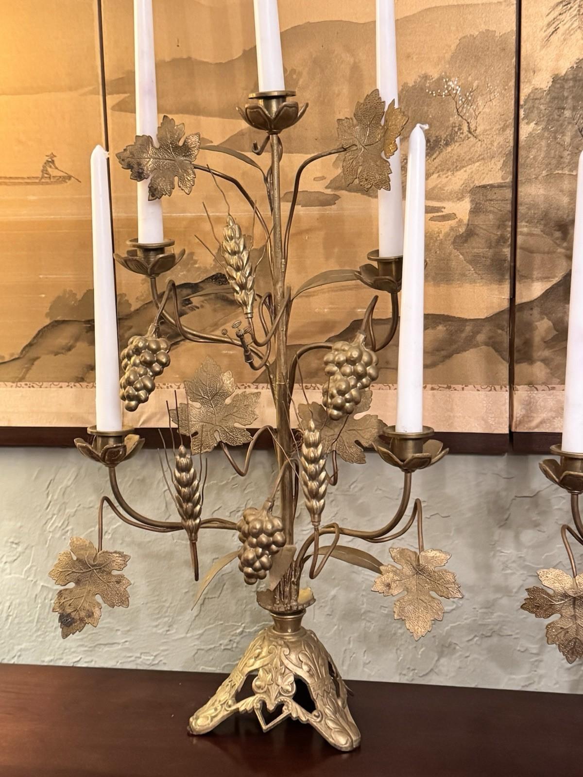 Candelabra Pair French Altar Style Gilt Metal Grape Wheat Five Light 21.25”