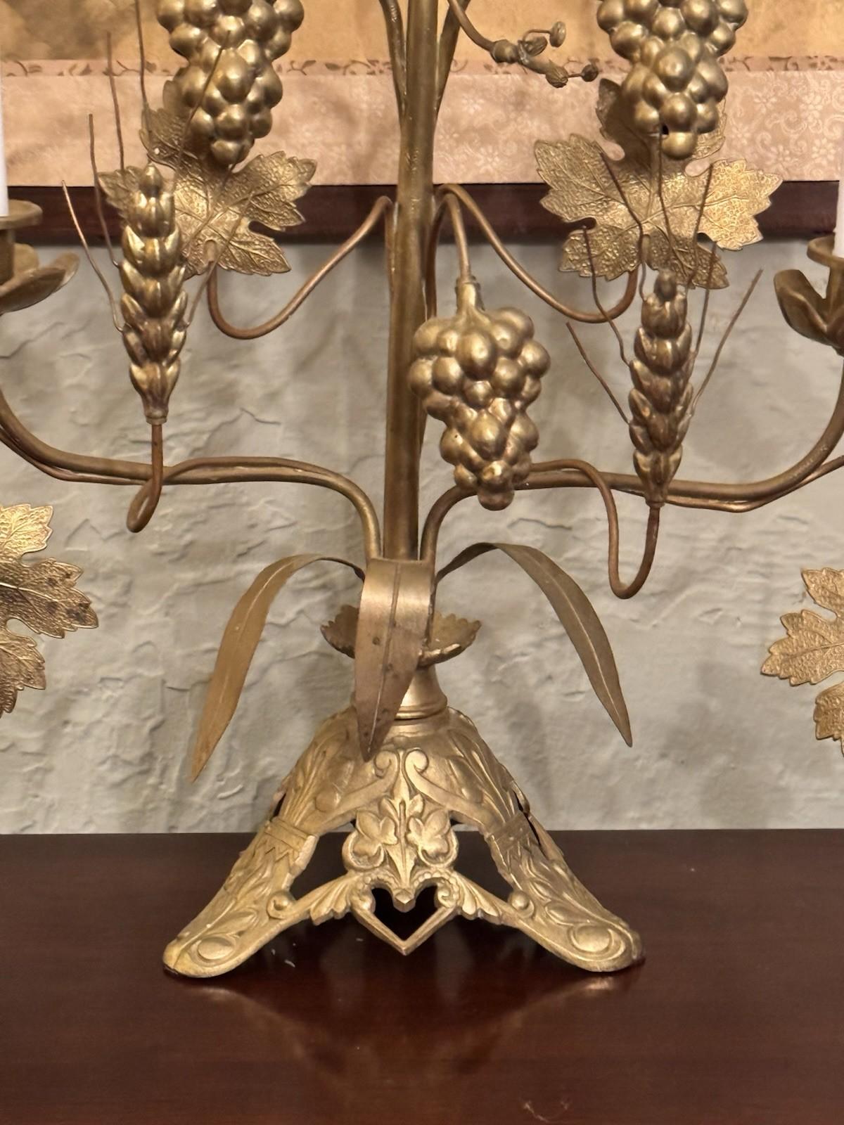 Candelabra Pair French Altar Style Gilt Metal Grape Wheat Five Light 21.25”