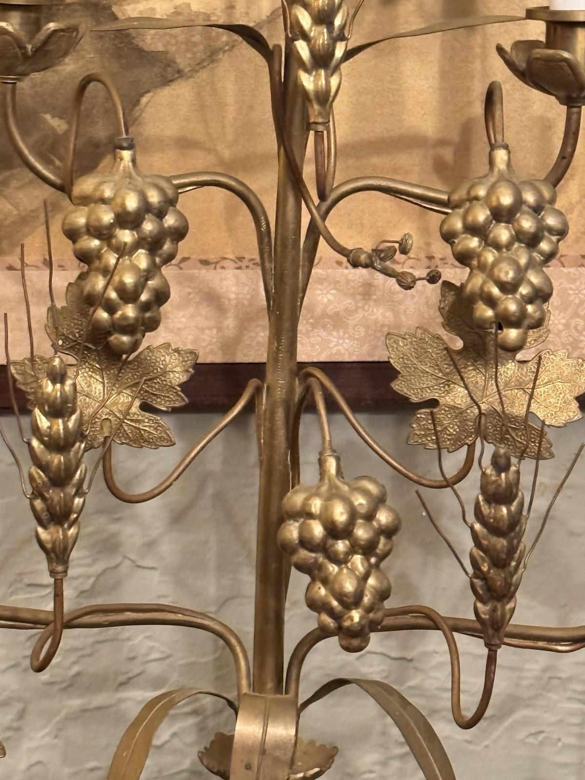 Candelabra Pair French Altar Style Gilt Metal Grape Wheat Five Light 21.25”