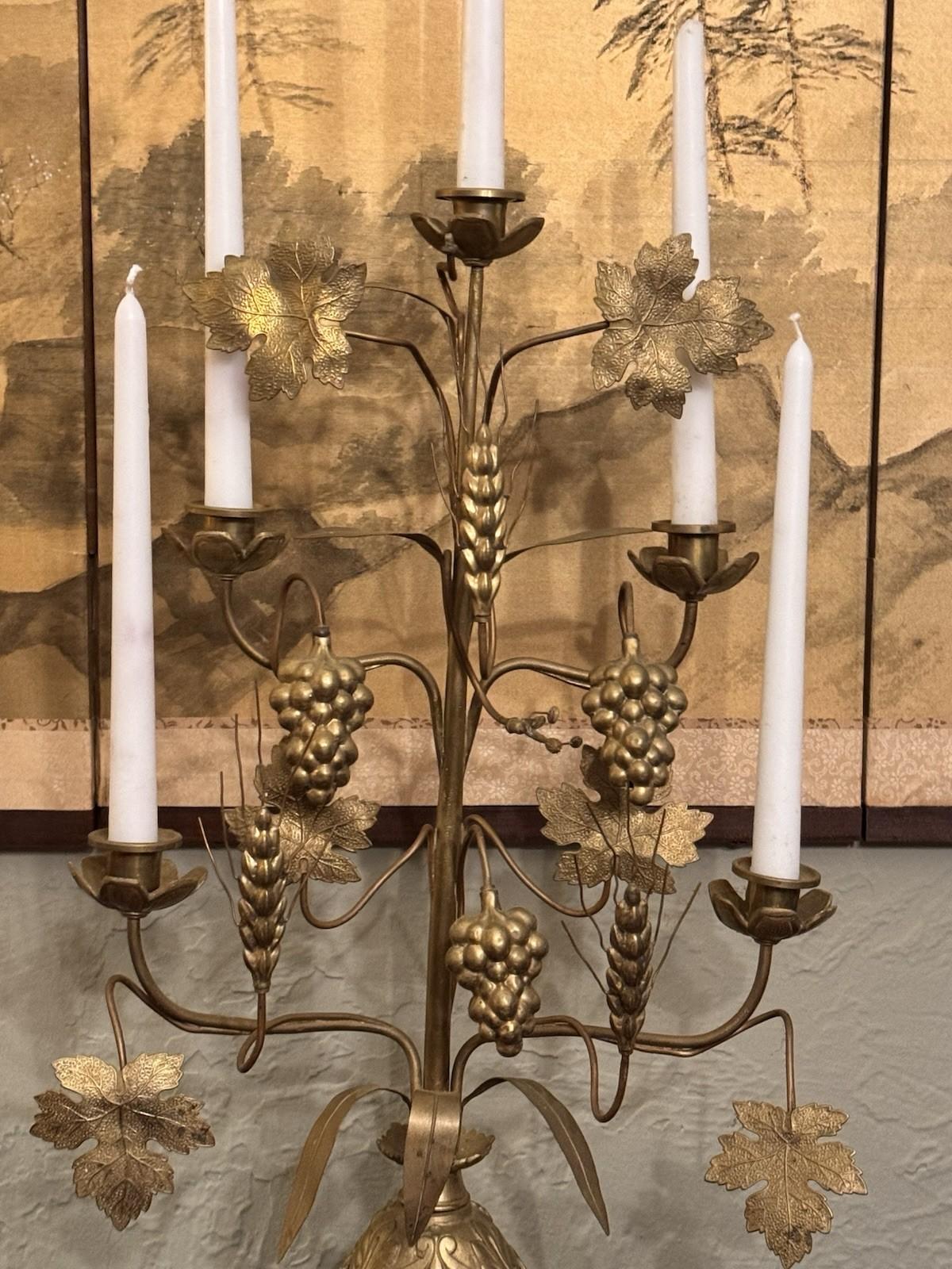 Candelabra Pair French Altar Style Gilt Metal Grape Wheat Five Light 21.25”