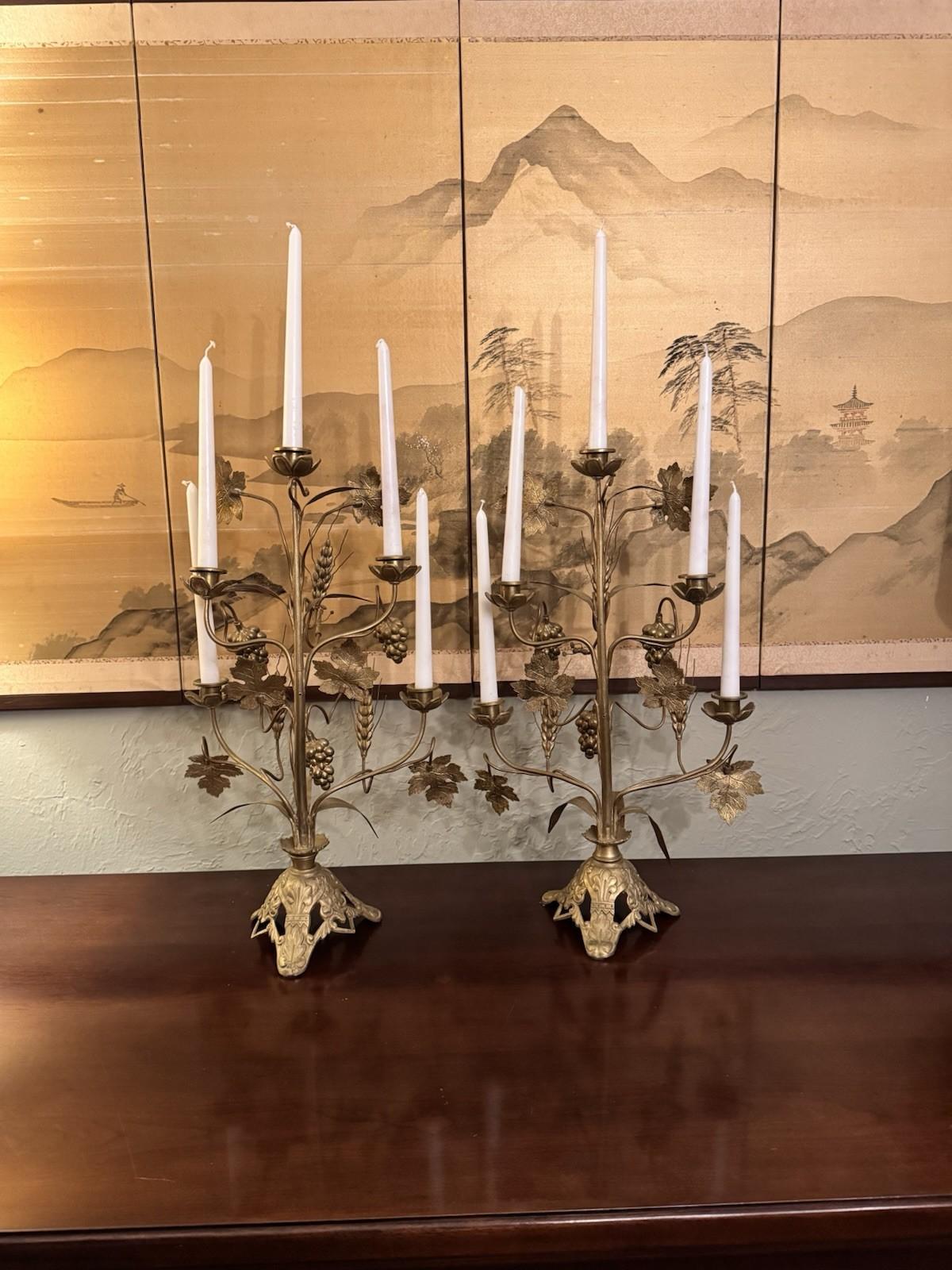 Candelabra Pair French Altar Style Gilt Metal Grape Wheat Five Light 21.25”