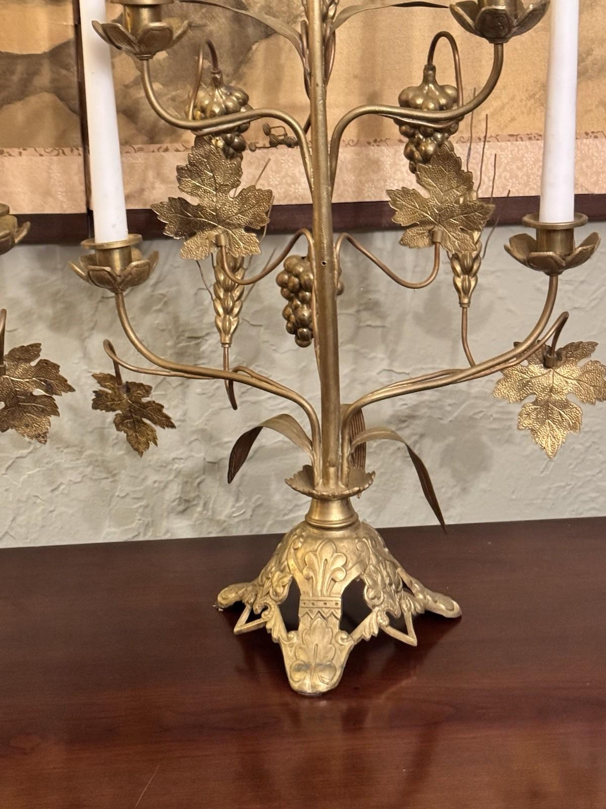 Candelabra Pair French Altar Style Gilt Metal Grape Wheat Five Light 21.25”