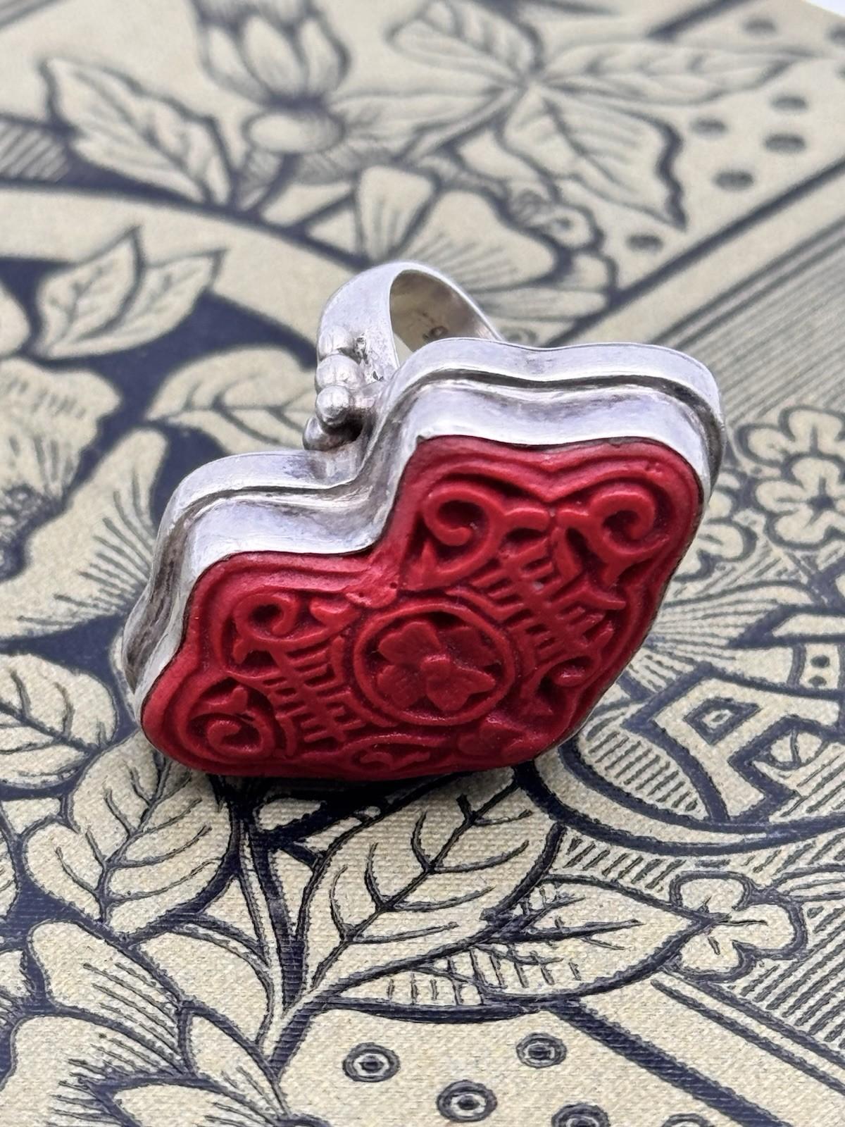Sterling Silver Cinnabar Cocktail Ring Size 7 ESTATE FIND