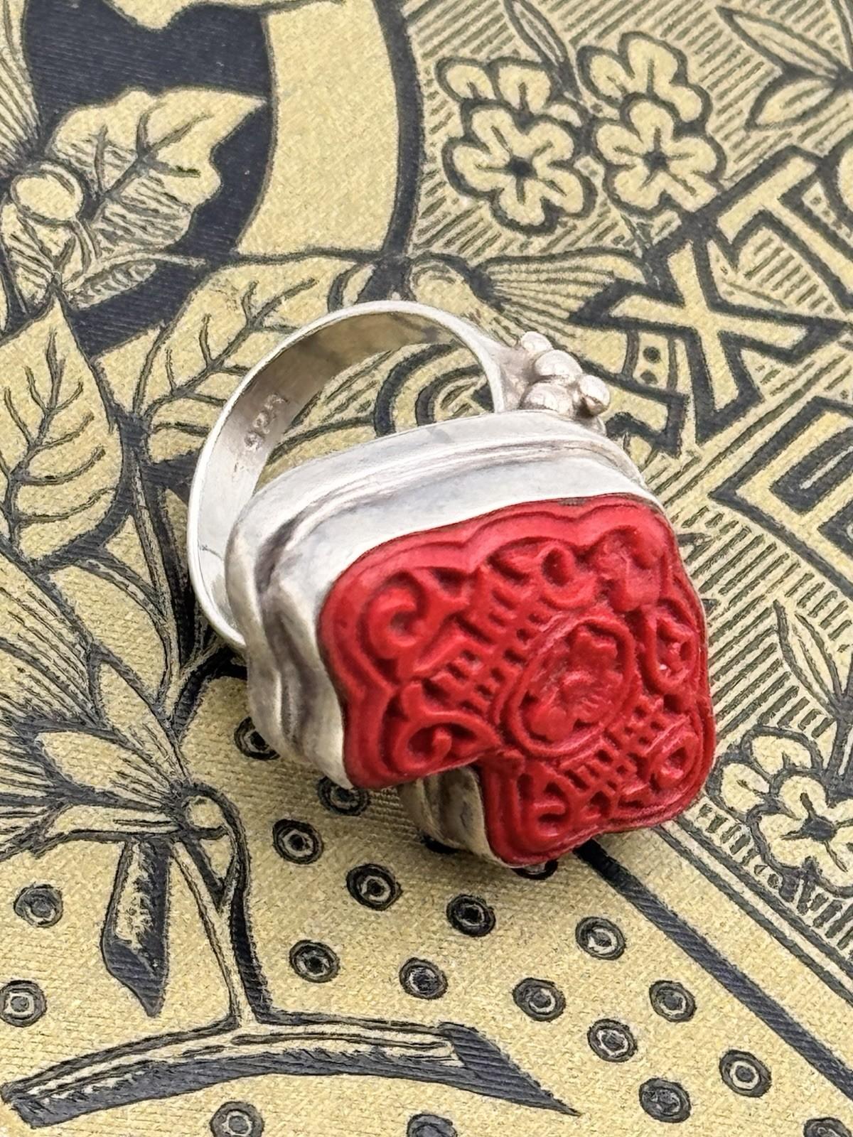 Sterling Silver Cinnabar Cocktail Ring Size 7 ESTATE FIND