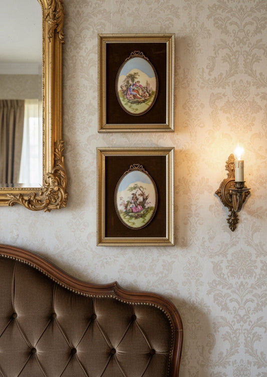 Vintage Limoges Style Lover Scene Plaques Framed Oval Porcelain Wall Art Pair