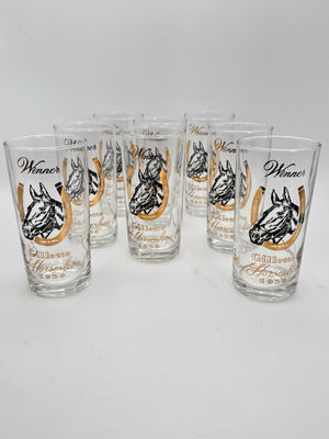 Set of 8 Vintage Mint Julep Gillette Horseshoe Winner Glasses 1956 Horse Motif Barware