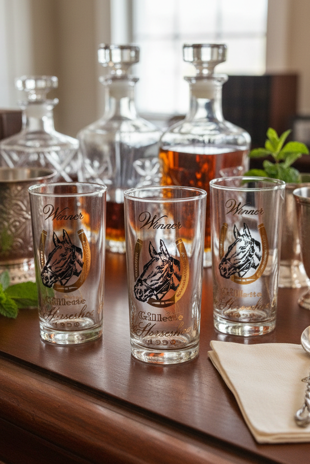 Set of 8 Vintage Mint Julep Gillette Horseshoe Winner Glasses 1956 Horse Motif Barware
