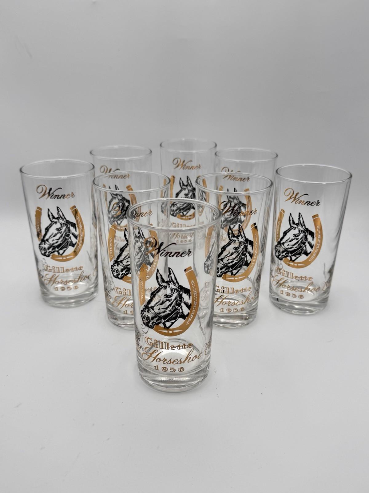 Set of 8 Vintage Mint Julep Gillette Horseshoe Winner Glasses 1956 Horse Motif Barware