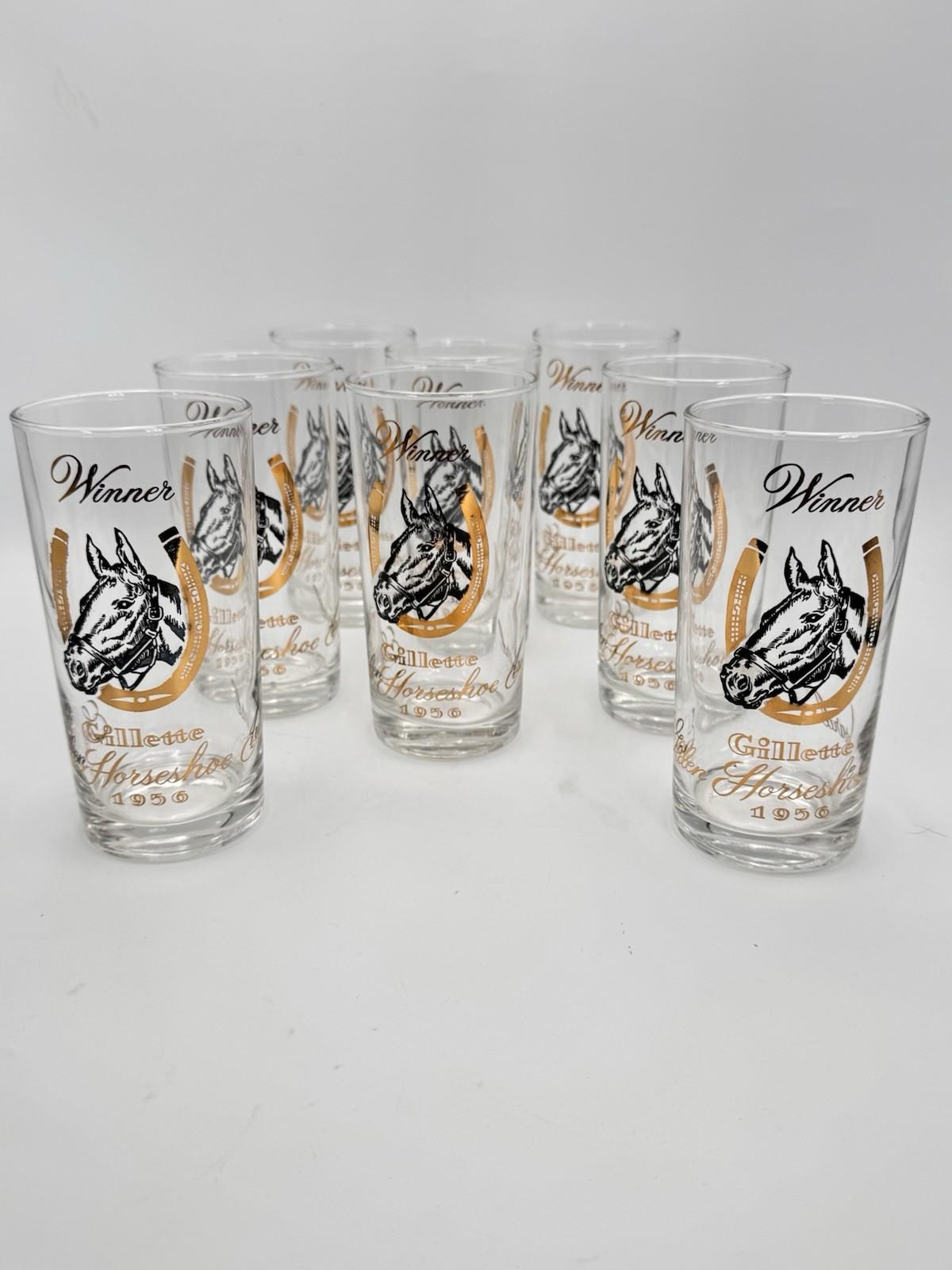 Set of 8 Vintage Mint Julep Gillette Horseshoe Winner Glasses 1956 Horse Motif Barware
