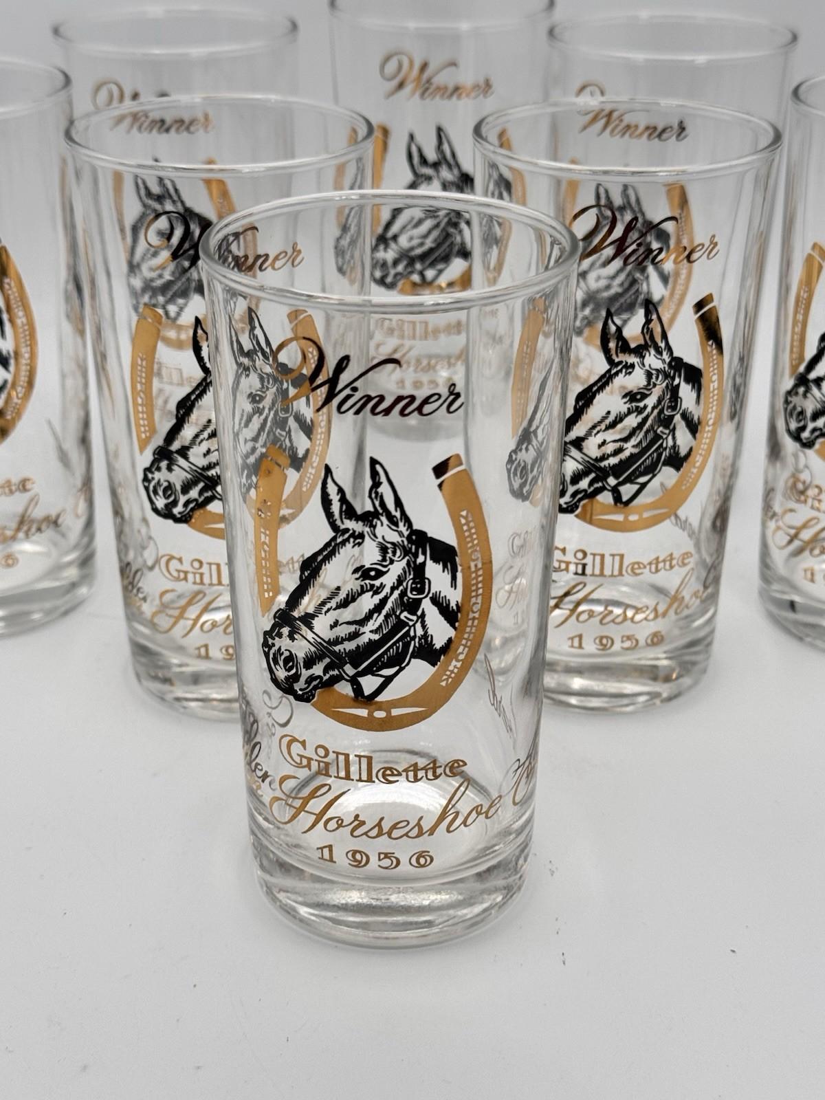 Set of 8 Vintage Mint Julep Gillette Horseshoe Winner Glasses 1956 Horse Motif Barware