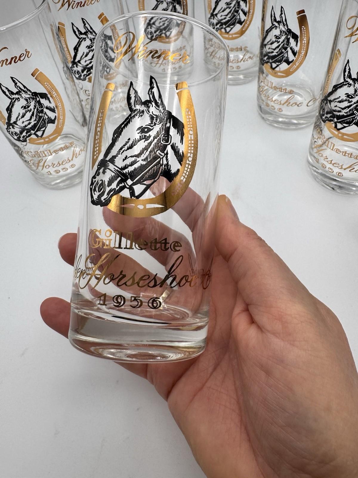 Set of 8 Vintage Mint Julep Gillette Horseshoe Winner Glasses 1956 Horse Motif Barware