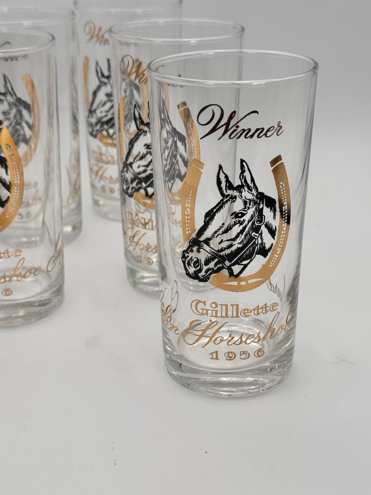Set of 8 Vintage Mint Julep Gillette Horseshoe Winner Glasses 1956 Horse Motif Barware