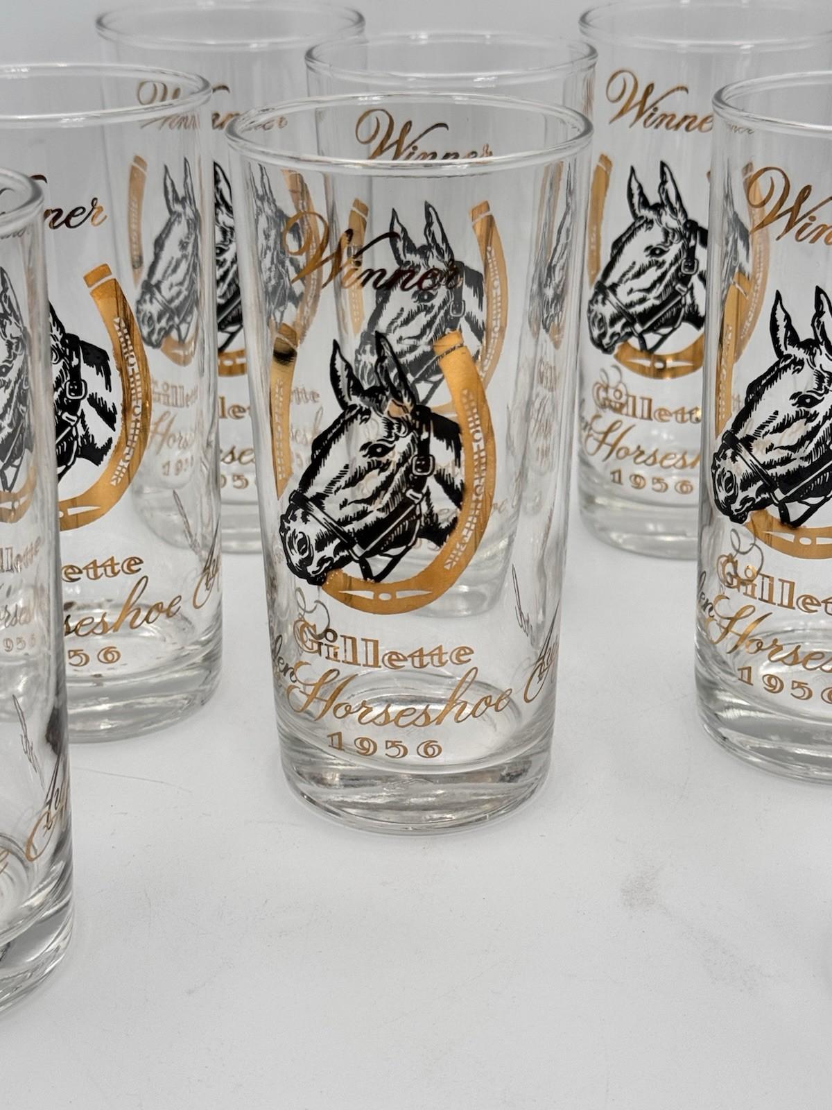 Set of 8 Vintage Mint Julep Gillette Horseshoe Winner Glasses 1956 Horse Motif Barware