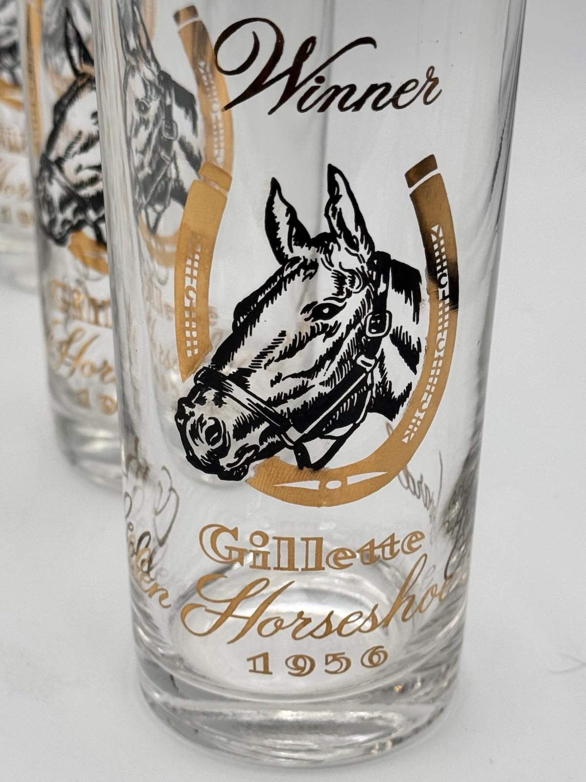 Set of 8 Vintage Mint Julep Gillette Horseshoe Winner Glasses 1956 Horse Motif Barware