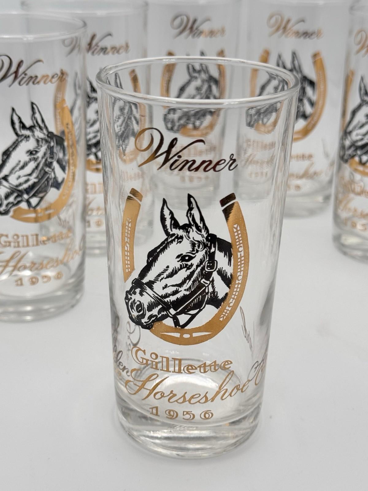 Set of 8 Vintage Mint Julep Gillette Horseshoe Winner Glasses 1956 Horse Motif Barware