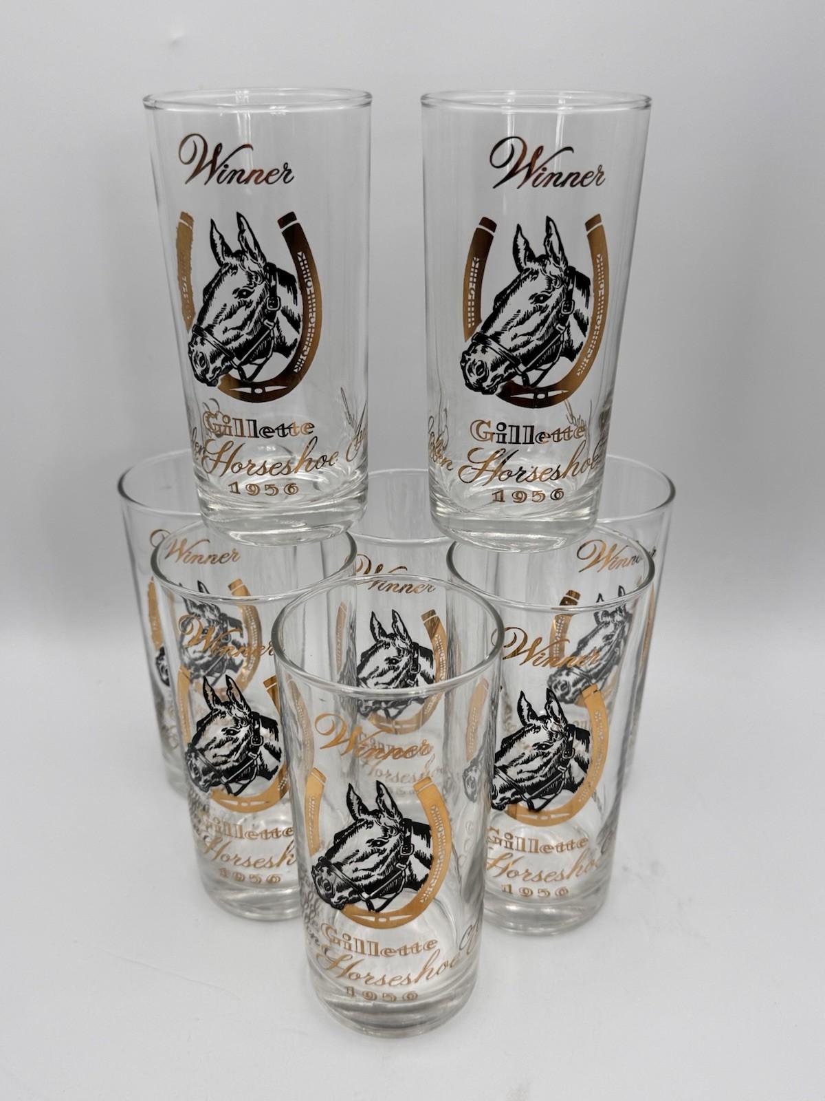 Set of 8 Vintage Mint Julep Gillette Horseshoe Winner Glasses 1956 Horse Motif Barware