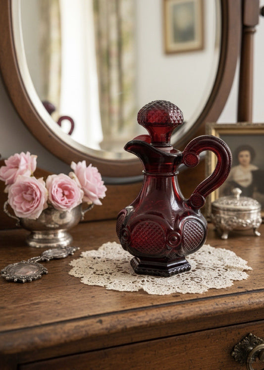 Vintage Avon Cruet Ruby Glass w/ Stopper Hobnail Panel Art Glass 6”