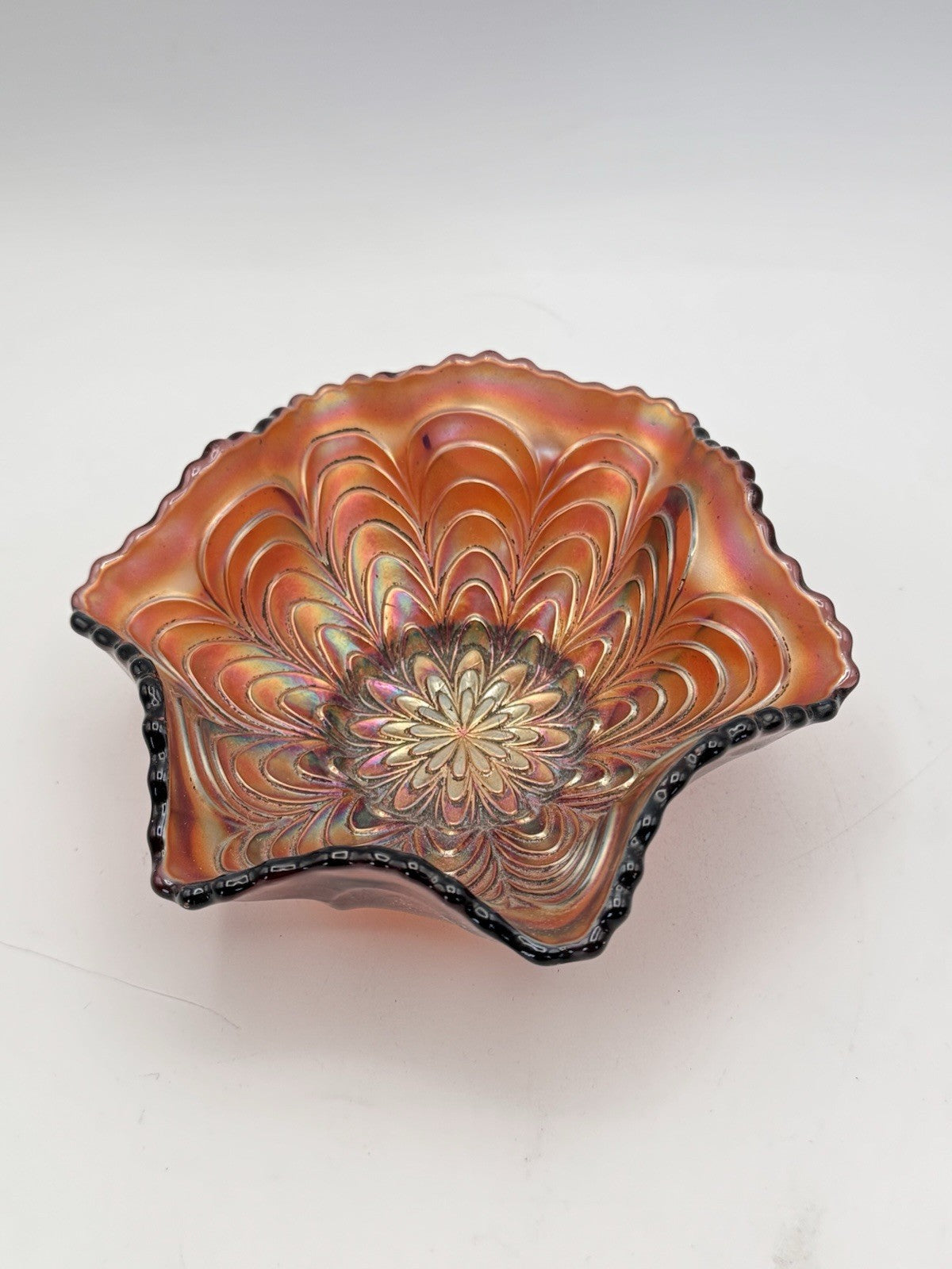 Vintage Carnival Glass Bowl Brown Iridescent Ruffled Edge 4.75”