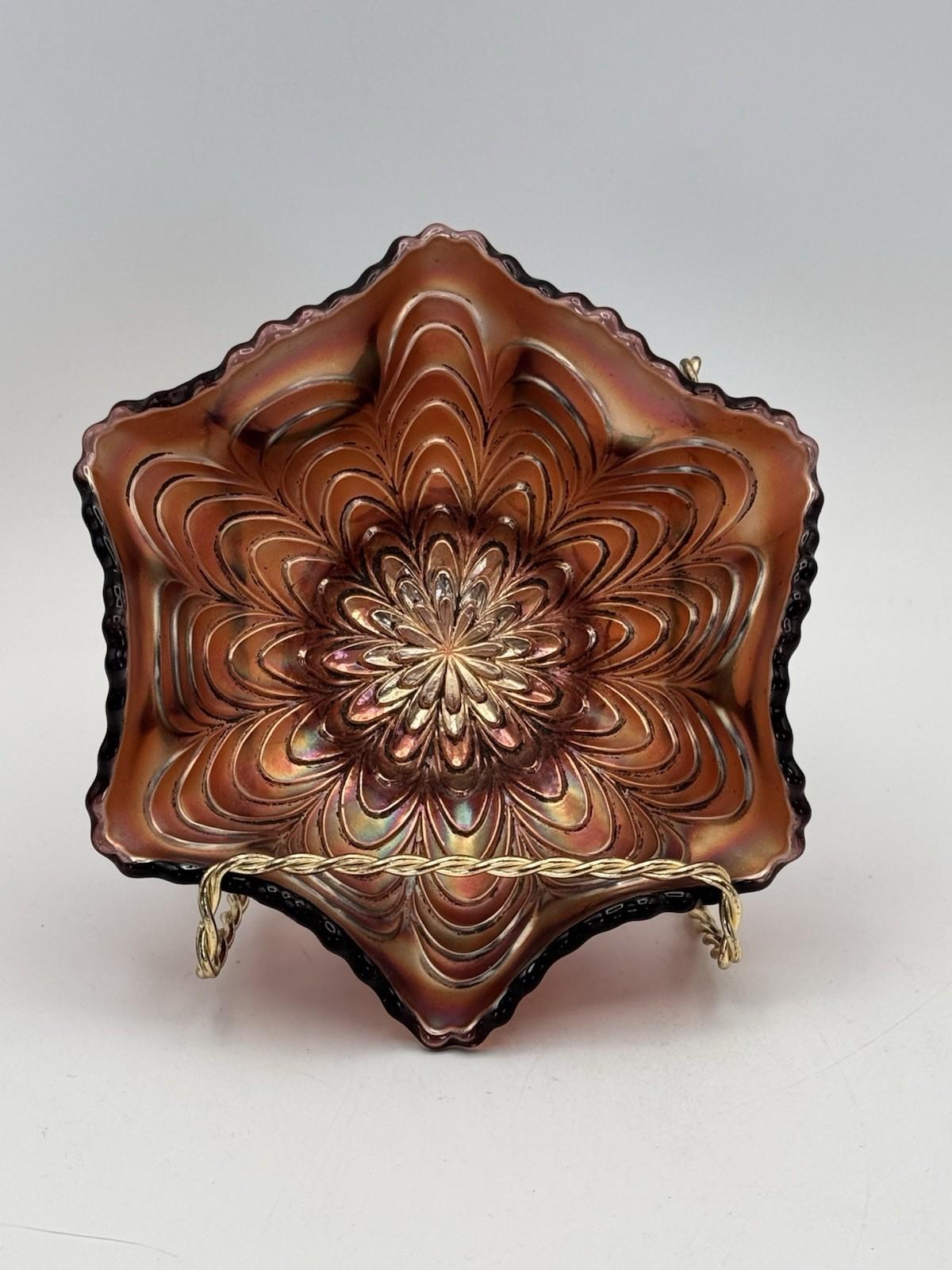 Vintage Carnival Glass Bowl Brown Iridescent Ruffled Edge 4.75”